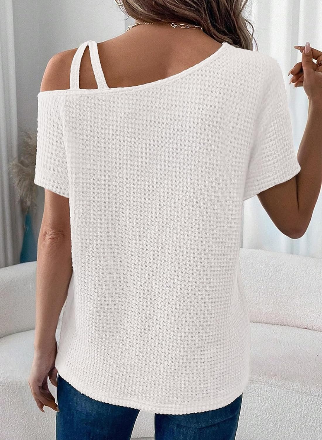 Dokotoo Womens Summer Tops Off One Shoulder Waffle Knit Short Sleeve T-Shirts Casual Lightweight Solid Color Blouses - Image 2