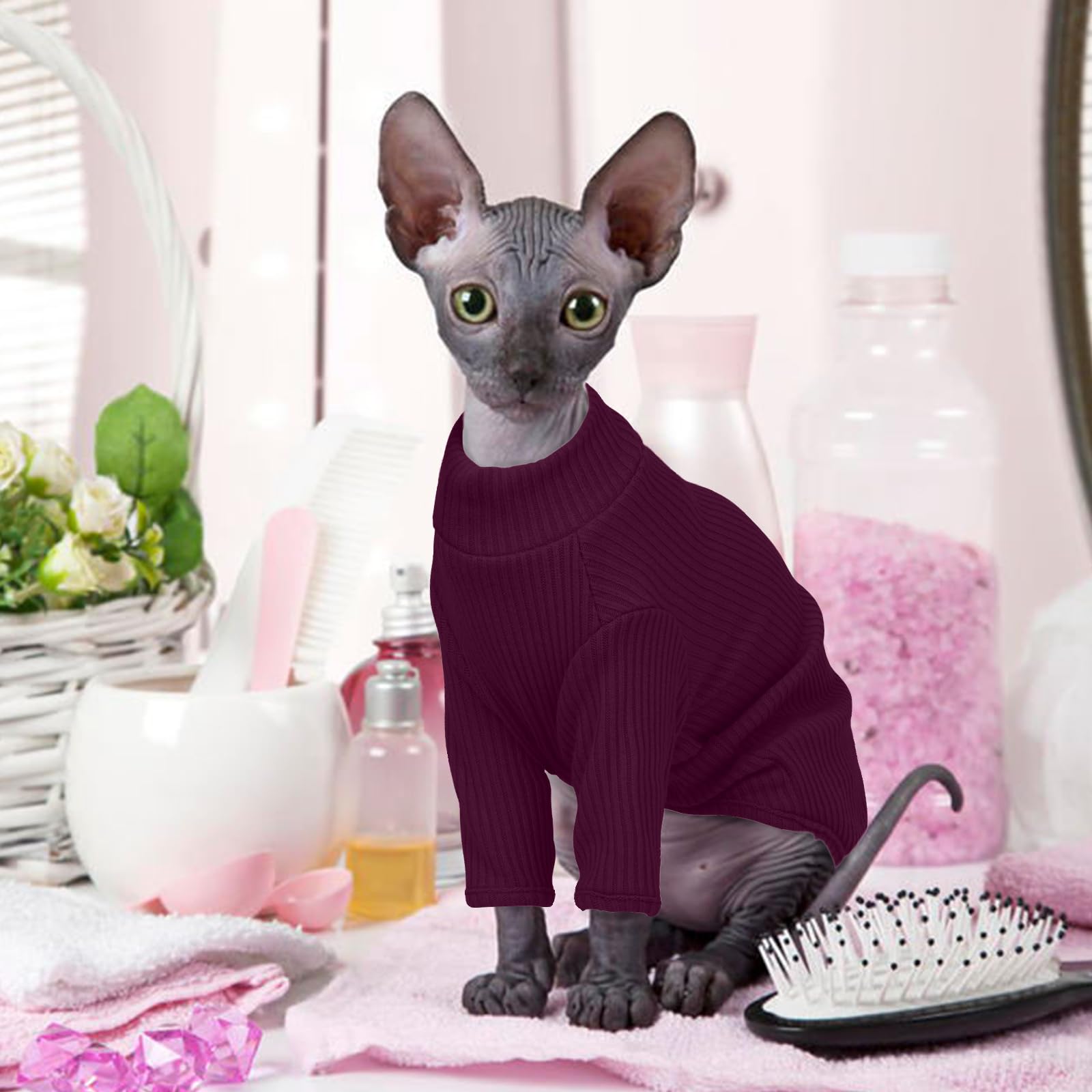 Hairless Cat Sweater，Sphynx Cat Clothes，Kitten Clothes，Breathable Sweaters Cats, Kitten Pullover w/ Sleeves, Cat Jumpers Cats Only，Cat Clothes Sphynx，Cornish Rex，Devon Rex -L，PurpleRed — view 7