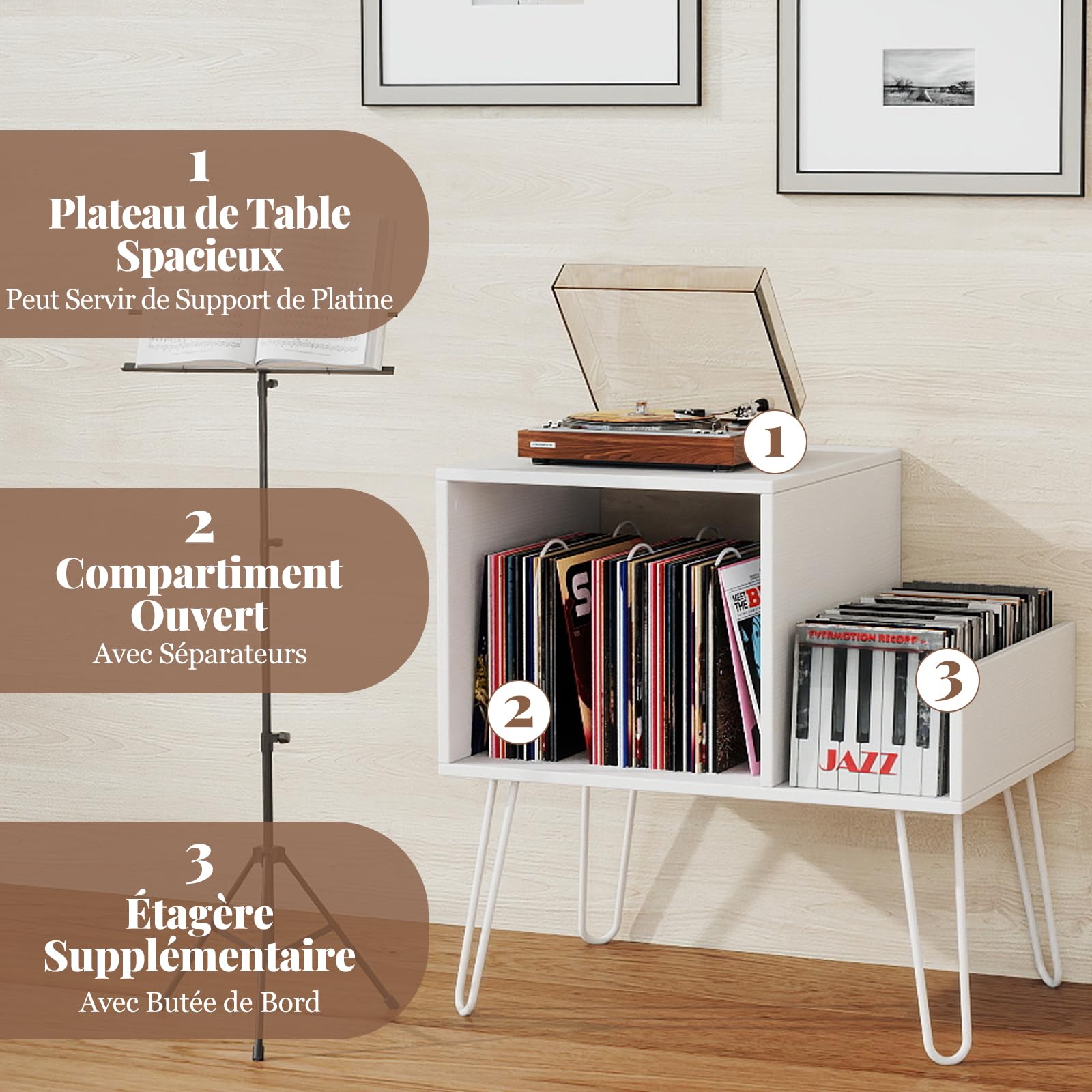 COSTWAY Support Tourne-disque avec Prise, Meuble Tourne-Disque Vinyle pour 145 Albums, Station de Charge, 2 Ports USB, 4 Pieds Amovibles, 3 Séparateurs, Étagère sur Table(Blanc)