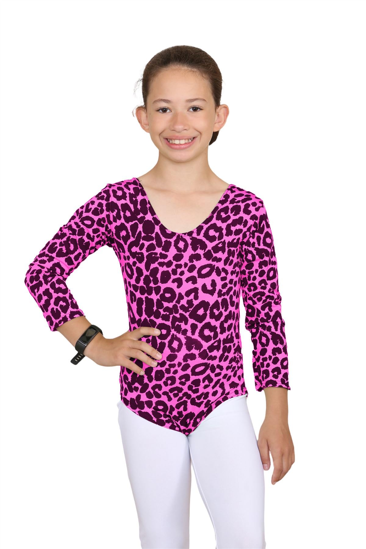 janisramone® Girls Gymnastics Leotards, Long Sleeve Kids Leopard Print Bodysuit, Scoop Neck Stretchy Dance Ballet Leotard for Girls, Soft Microfiber Kids Bodysuit