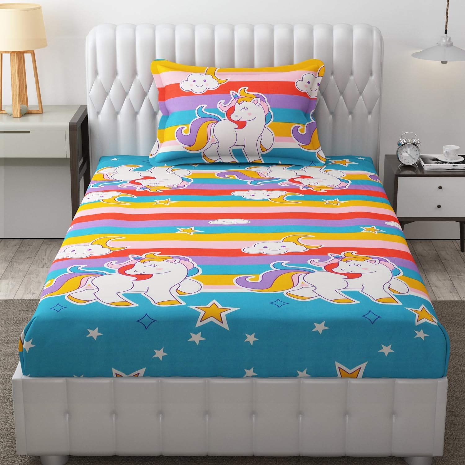 JUPON Bedding Kids Fitted Cotton Bedsheet, 1 Single Bed Sheet with 1 Pillow Cover, 36 x 78 inch, Aqua Unicorn