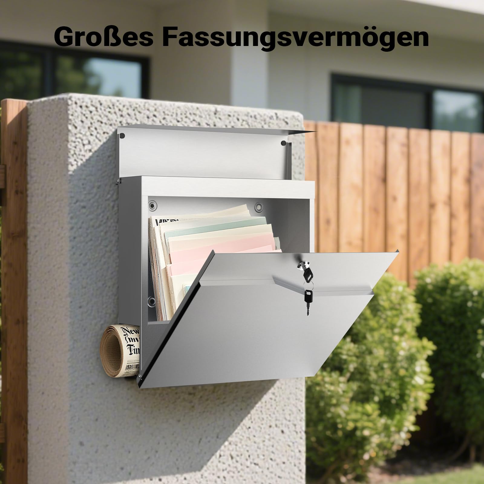 Wiltec Designer Briefkasten V19 Edelstahl 370 x 102 x 370 mm, Wandbriefkasten mit Schloss und Zeitungsrolle, Postkasten aus Stahl