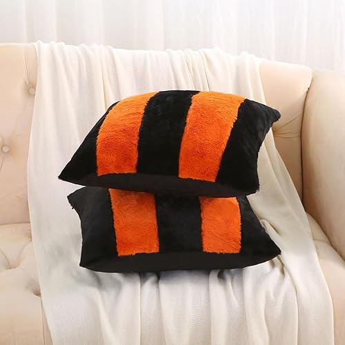 Miniatura 5 de Juego de 2 fundas de almohada a rayas negras y naranjas de 18 x 18 pulgadas, decoraciones de otoño para el hogar, fundas de almohada decorativas,