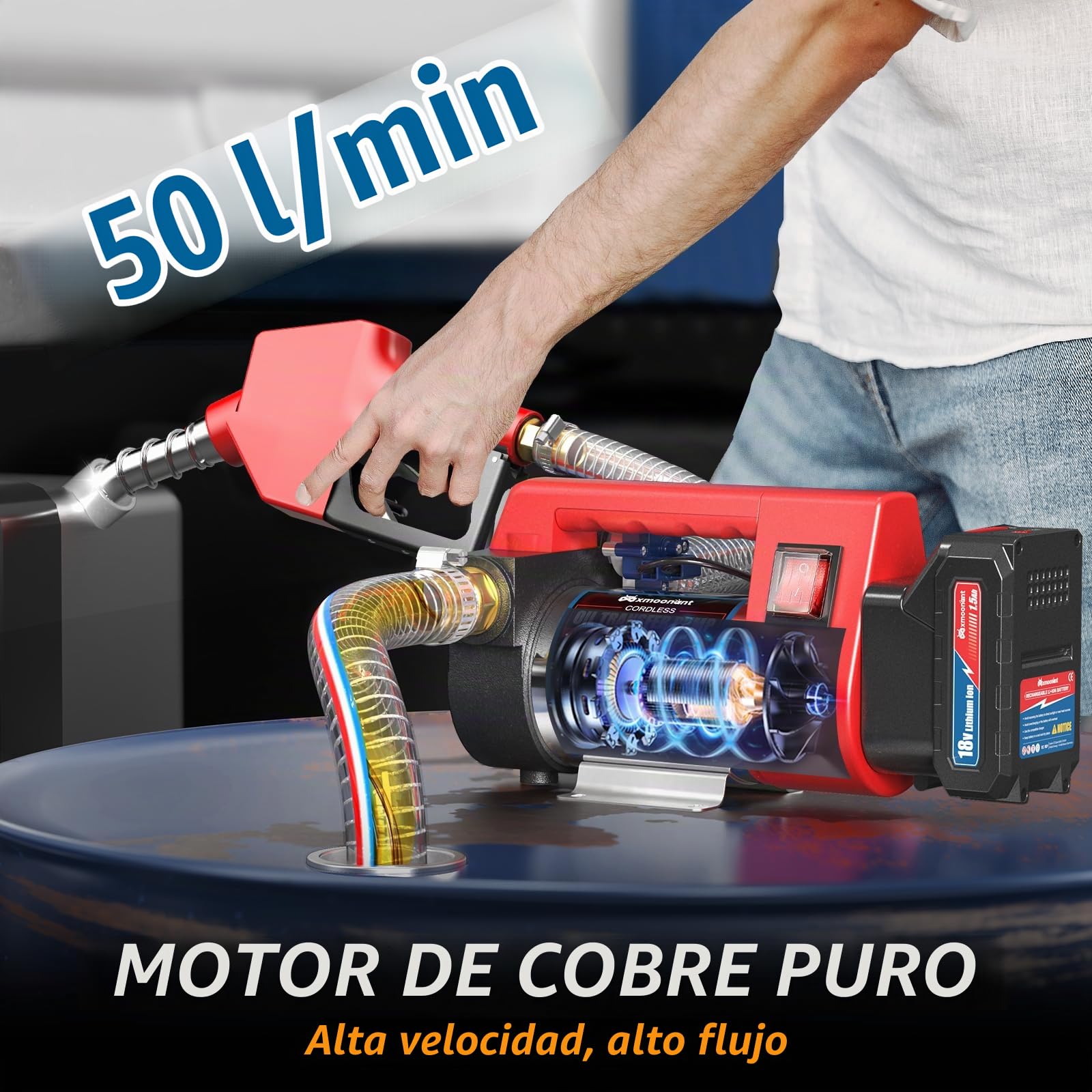 Mxmoonant Kit de Bomba Eléctrica de Transferencia de Diesel, Inalámbrica, Autocebante, 50L/Min, 260W, 4Kg, con 2X 2000mAH Batería de Litio, Boquilla de combustible, manguera, para Diesel, Keroseno | Autocebante, 260W, 2×2000mAh, para diésel/queroseno