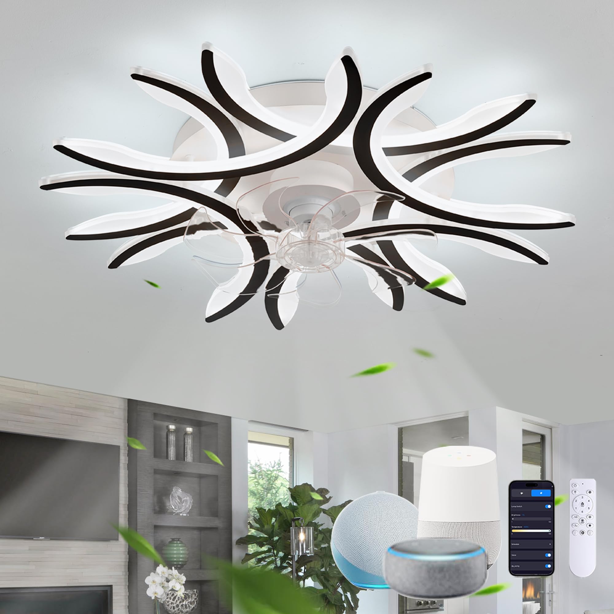 KVOYYIRA Flower Ceiling Fans with Lights Remote Control APP, Reversible 6 Speed Silent Fan Light, LED Dimmable Ceiling Light with Fan Compatible Google Assistant/Alexa for Bedroom Lounge-Black
