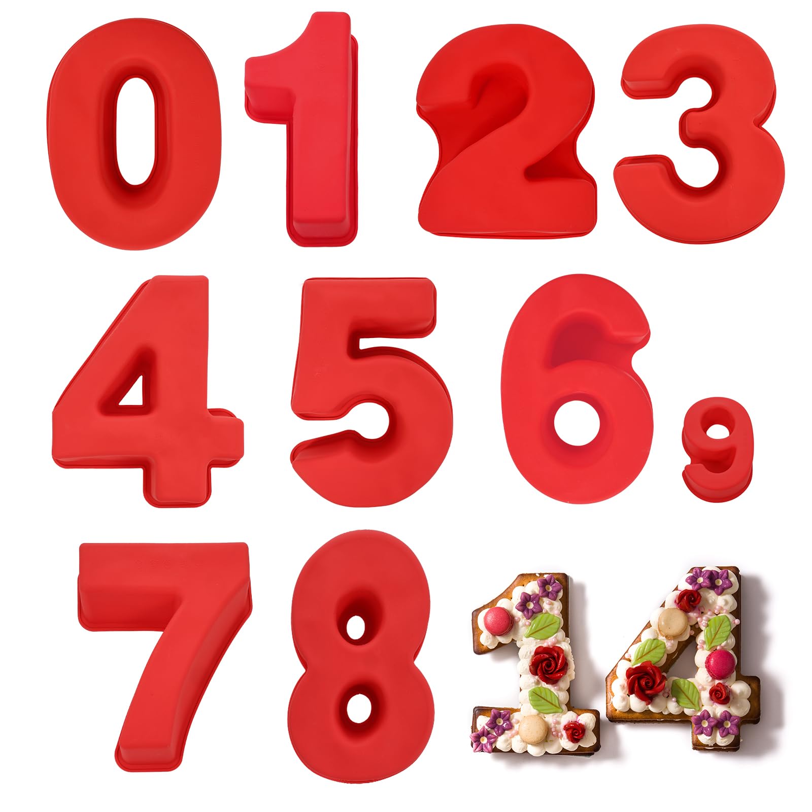 Kuchenform Zahlen, 9 Stück 10 Zoll Number Cake Backform, Großes Silikon Zahlenbackform Zahlen kuchenform Zahlen Backform Zahlentorte für Backen(0-8)-Rot