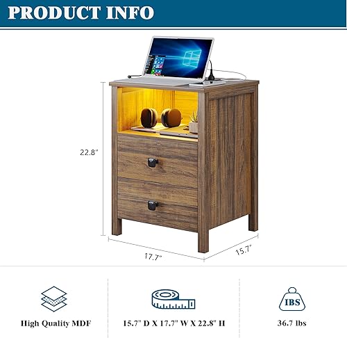 Miniatura 2 de WOOVIVS Mesita de noche LED con estación de carga inalámbrica y puertos USBC, tira de luz LED de 24 colores con brillo ajustable y modo de sensor de