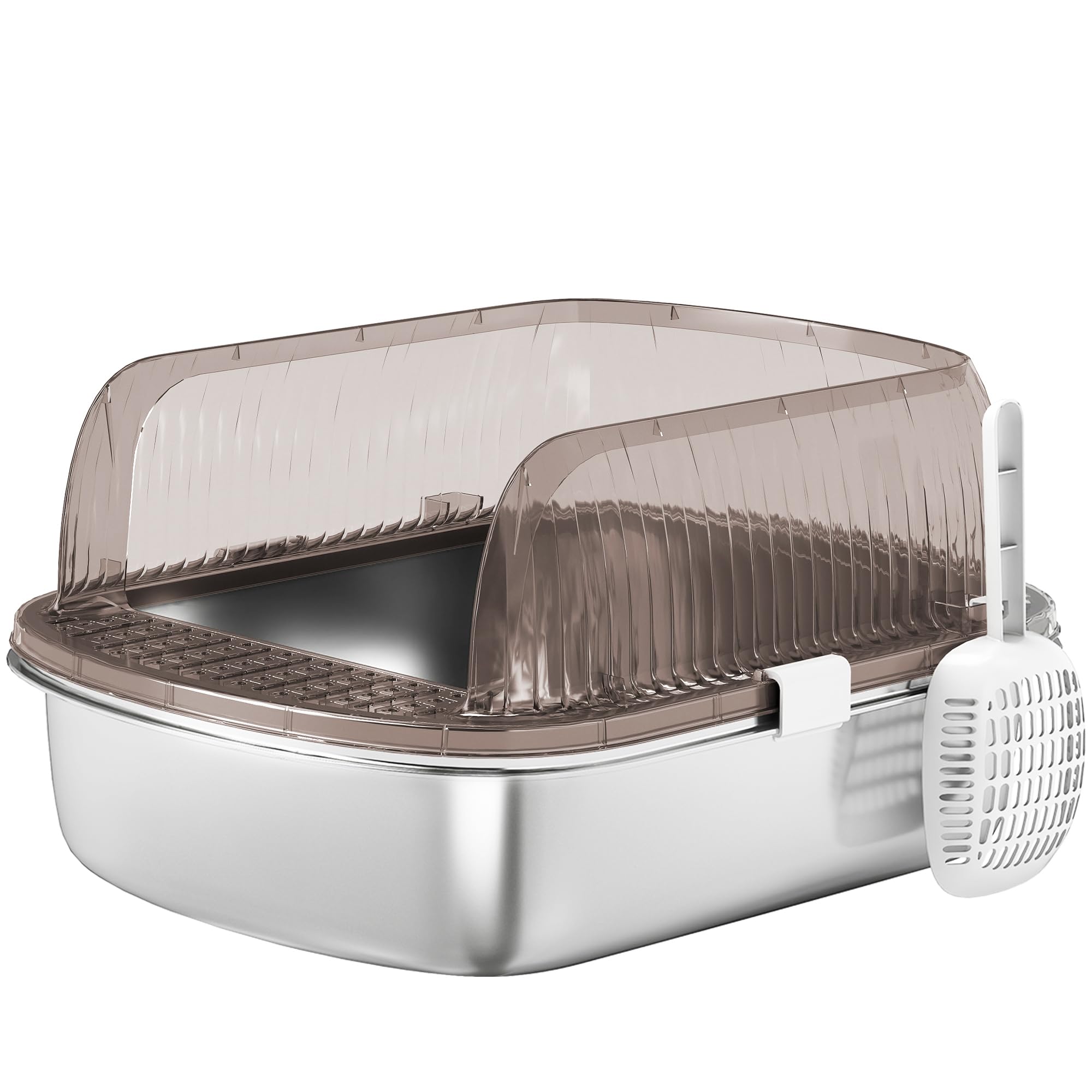 PawHut Arenero para Gatos Cubierto Extragrande Caja de Arena Cerrado con Bandeja de Acero Inoxidable Bordes Altos Pala y Zona para Caída de Arena sin Olor Fácil Limpieza Gris