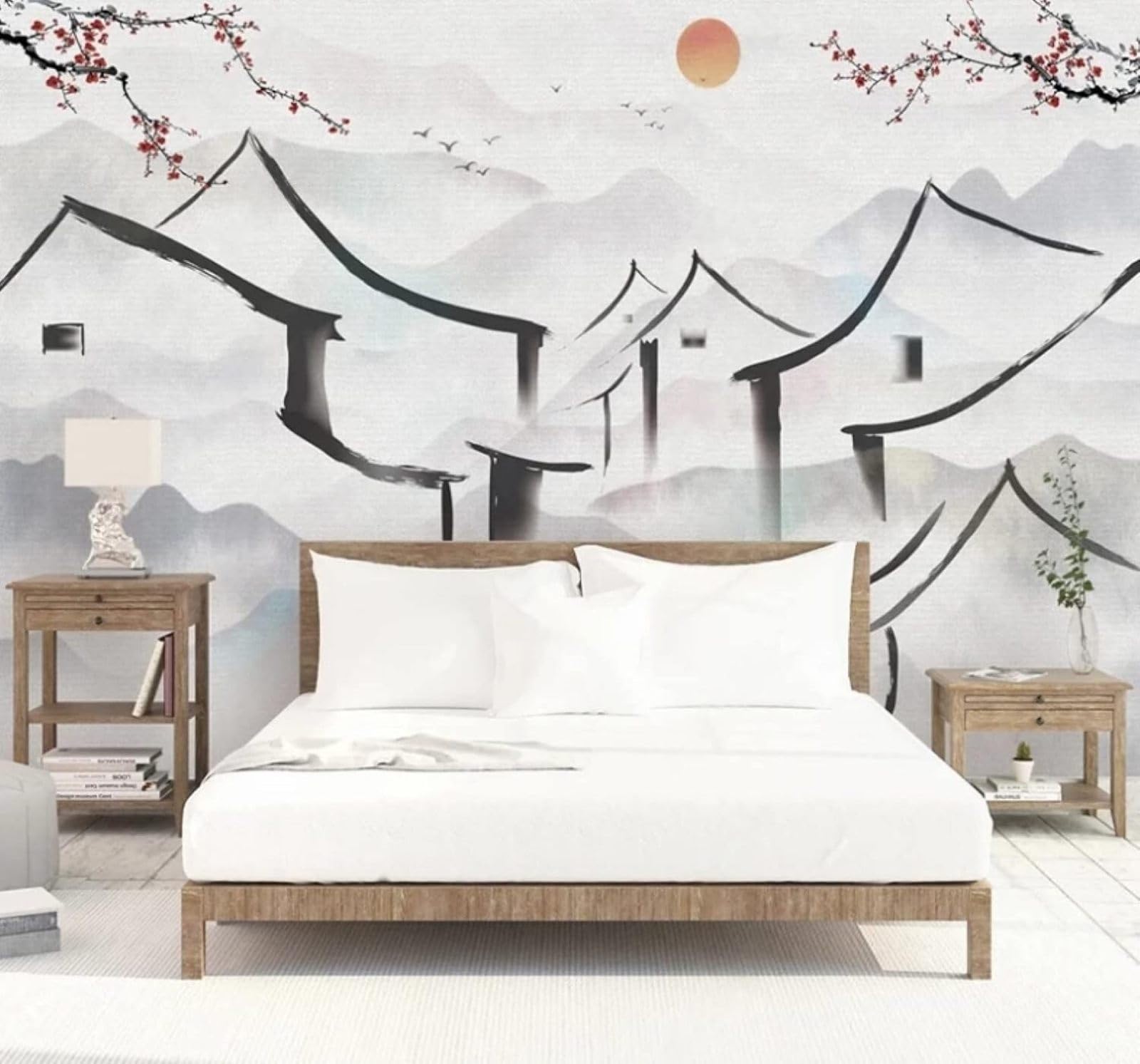 XLMING Ink Wash Flowers Birds Mountains Architecture 3D Wallpaper Luxury Home Dining Decor Paste Sofa Living Room The Wall for Bedroom Mural-200cm×140cm