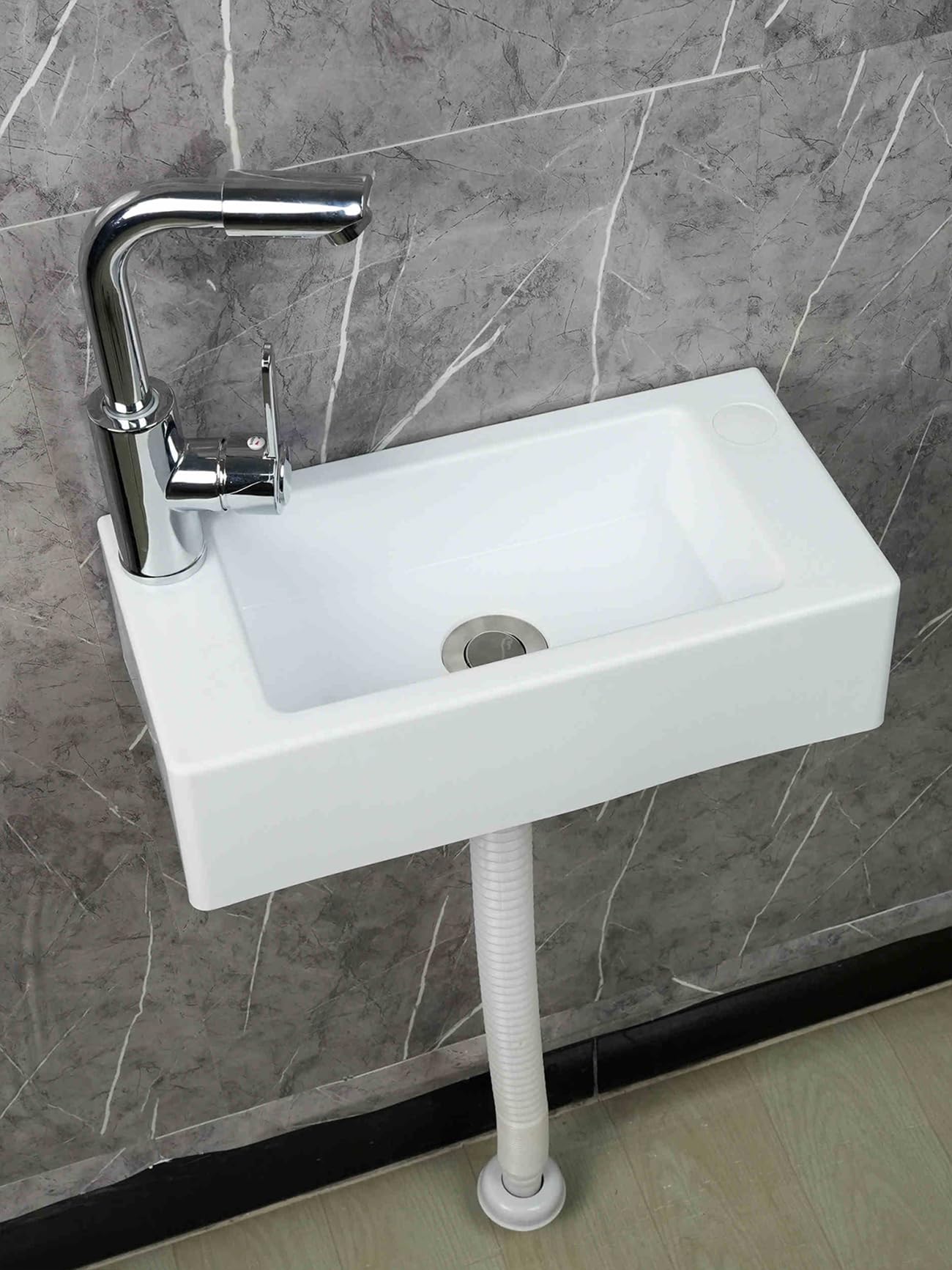 DDS22E Rectangular Laundry Sink White PP Resin 40x20x11cm Corner Wall-Mounted 75-150cm Drain(E - Rubinetto dell'acqua Calda e Fredda)