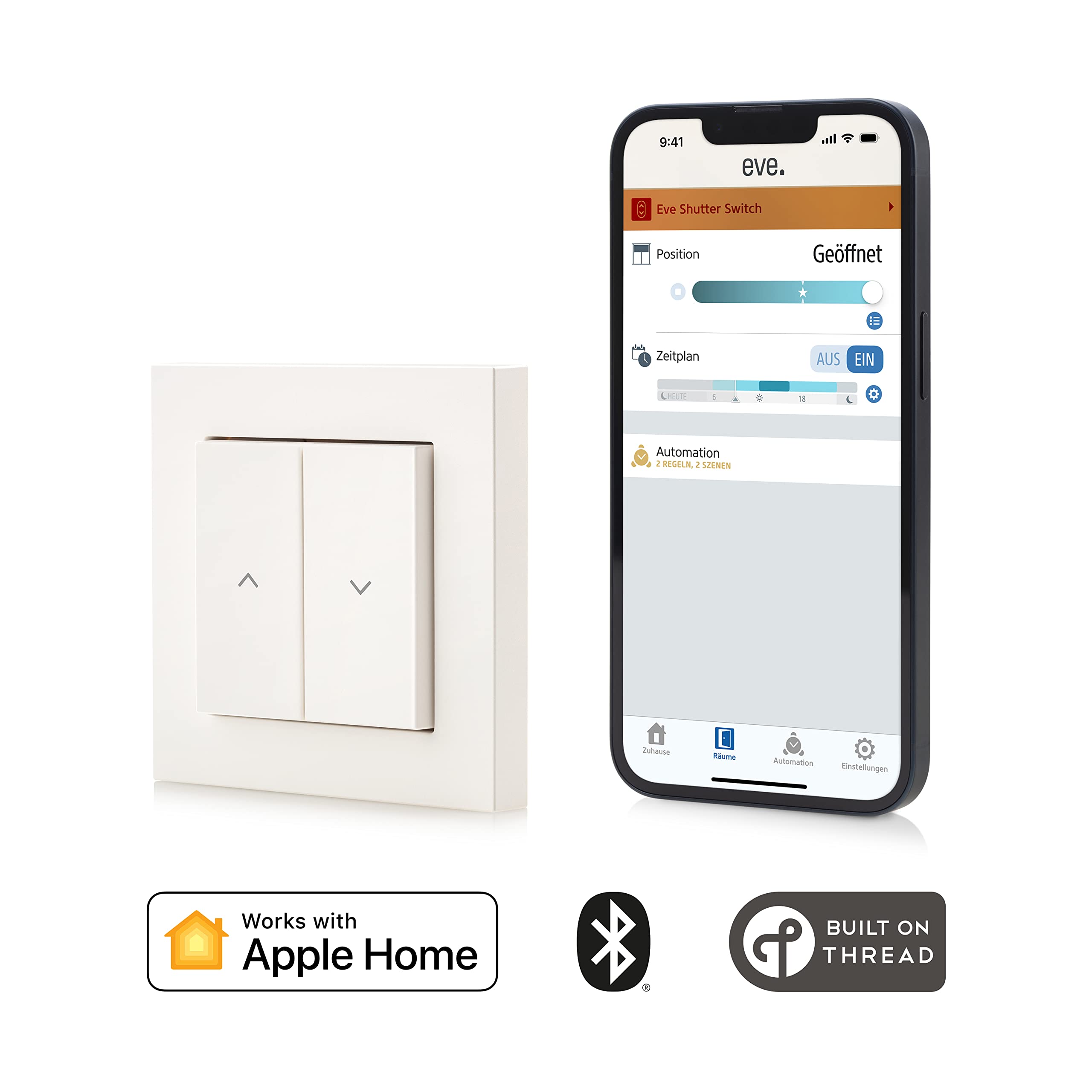 Eve Shutter Switch (Apple Home) - Smarte Rollladensteuerung mit integrierten Zeitplänen, Adaptive Beschattung, Siri-Sprachsteuerung, Zeitschaltuhr, Fernzugriff, keine Bridge nötig, Bluetooth/Thread