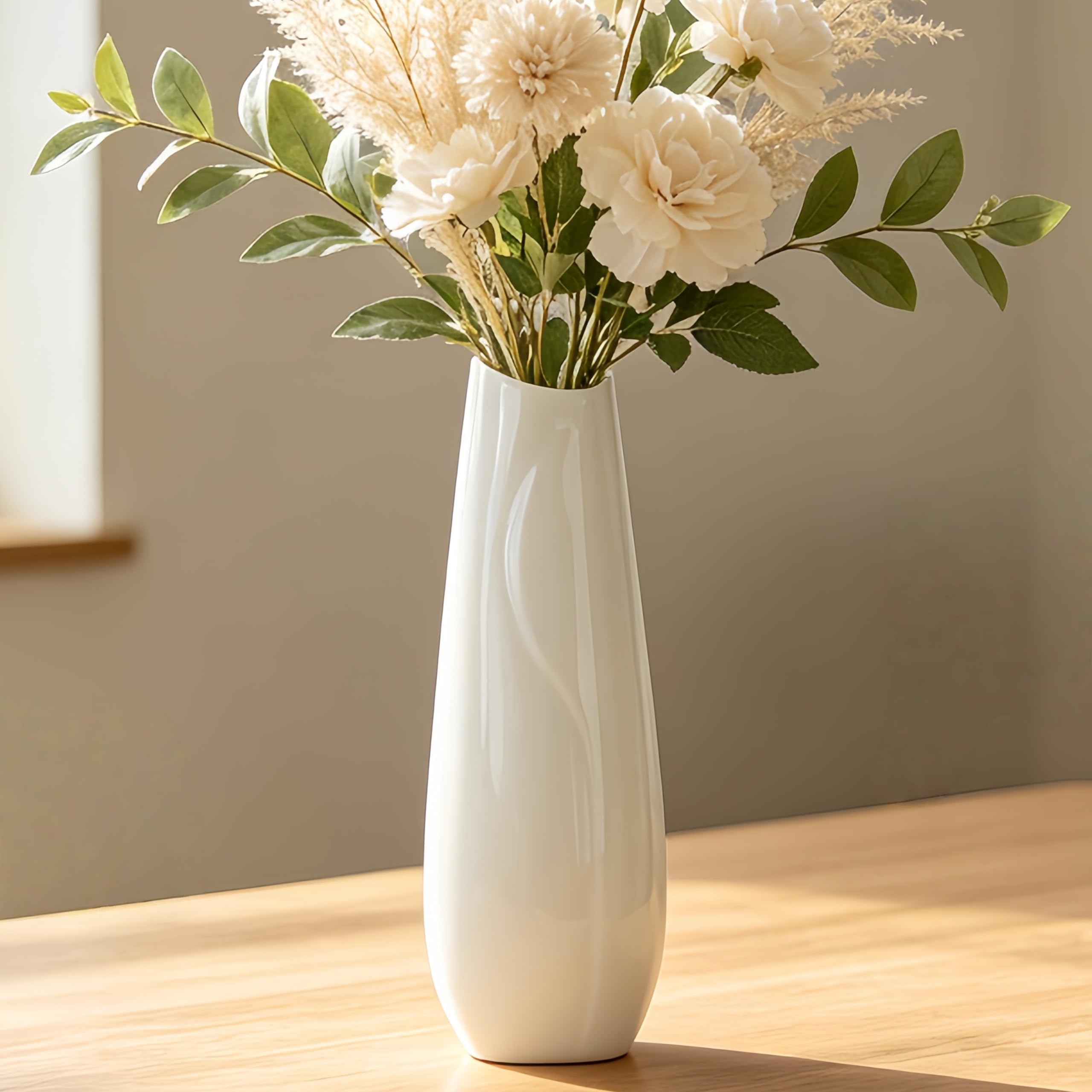 DJYY 12 Inch White Ceramic Vase, Tall Decorative Flower Vase for Pampas Grass, Modern Textured for Home Decor, Table Centerpieces, Shelf，Living Room
