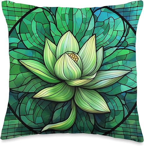 Aesthetic Lotus Flower Gifts For Yoga Women Cojín abstracto de flores de loto verde con vitrales florales, 16 x 16, multicolor