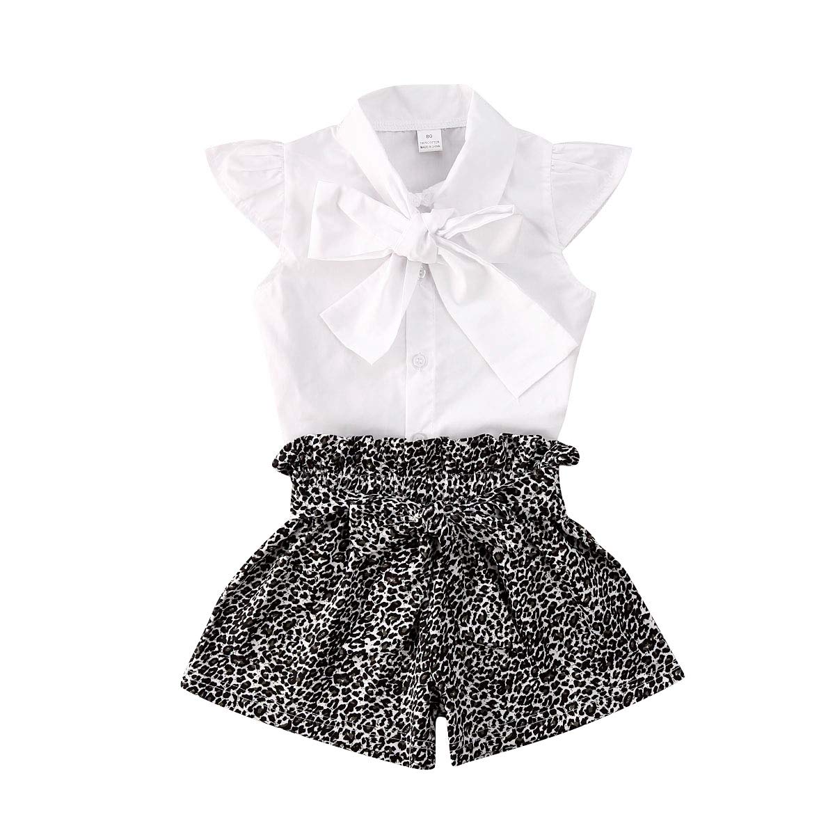 Toddler Kids Baby Girl Summer Outfit Ruffle Sleeveless Shirt Pure White Top Bowknot Leopard Shorts 2Pcs Clothes Set (White + Leopard,1-2T)