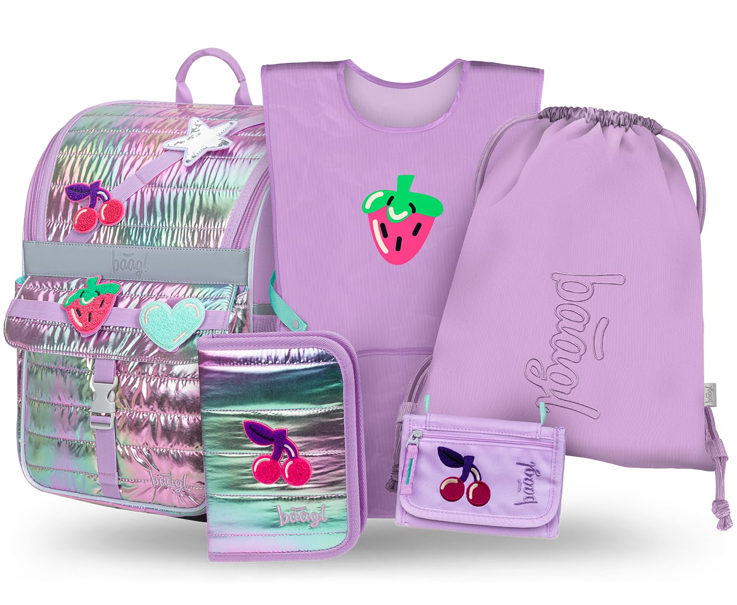 Baagl Set di 5 zaini per la scuola per ragazzi e ragazze (zaino Zippy per la prima elementare, astuccio, borsa da palestra, grembiule, tasca per il collo), zaino per la scuola elementare, zaino