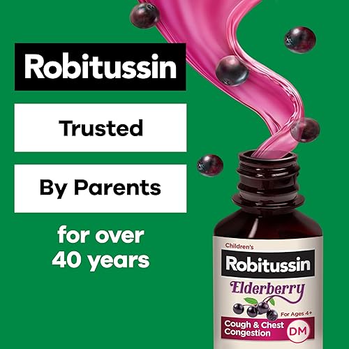 Miniatura 5 de Robitussin Medicamento para la tos y la congestión torácica DM para niños de saúco, alivio de la congestión del pecho y jarabe para la tos, 4 onzas