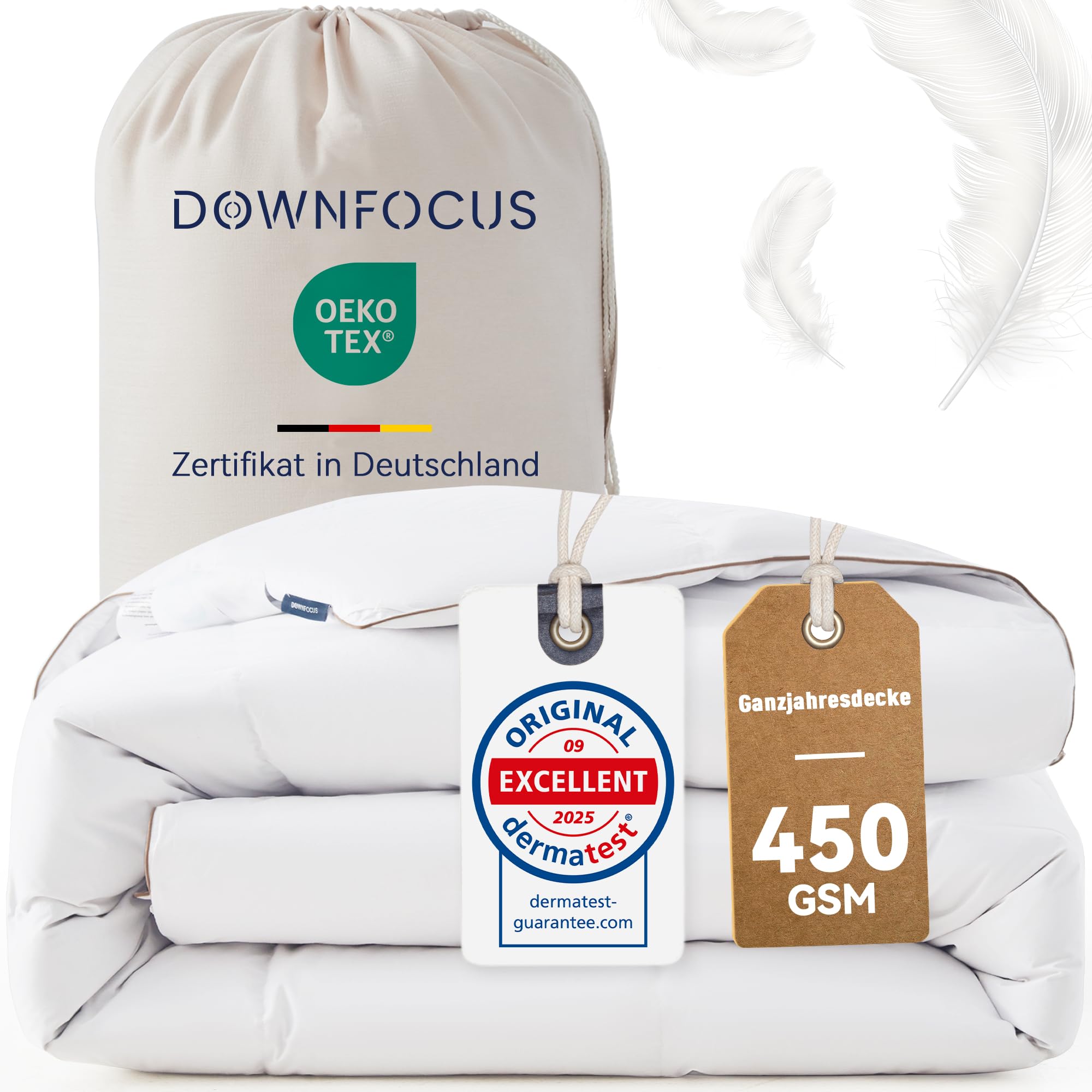 DOWNFOCUS Komfort Bettdecke 220x240 | 100% Weiche Federn & Daunen | Oeko-Tex, RDS Zertifiziert für Tierwohl | Ganzjahres Federbett Daunendecke 240x220cm Bezug aus 100% Baumwolle
