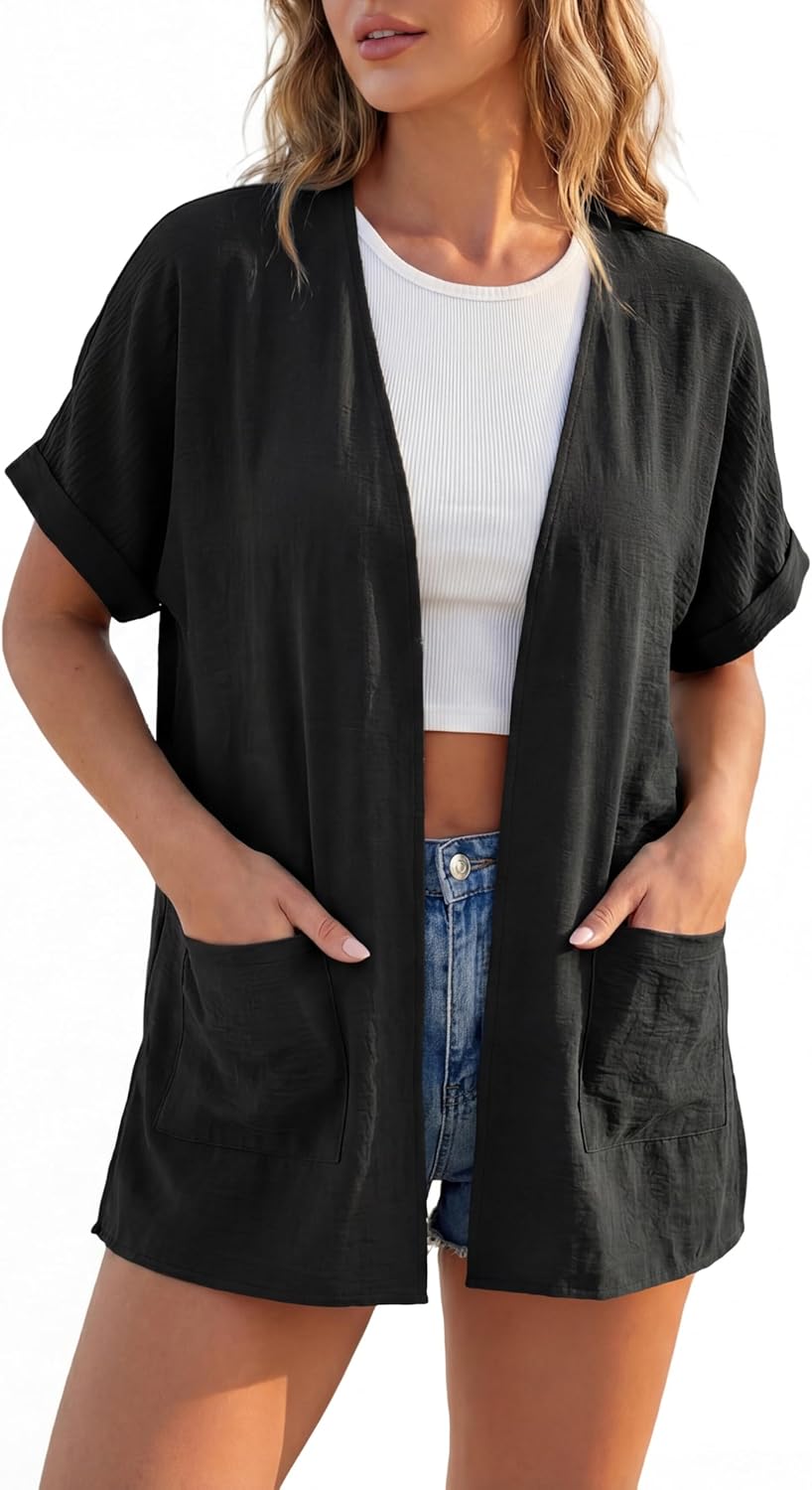 GRECERELLE Women's Summer Short Sleeve Lightweight Kimonos Cardigan with Pockets Open Front Beach Cover Ups