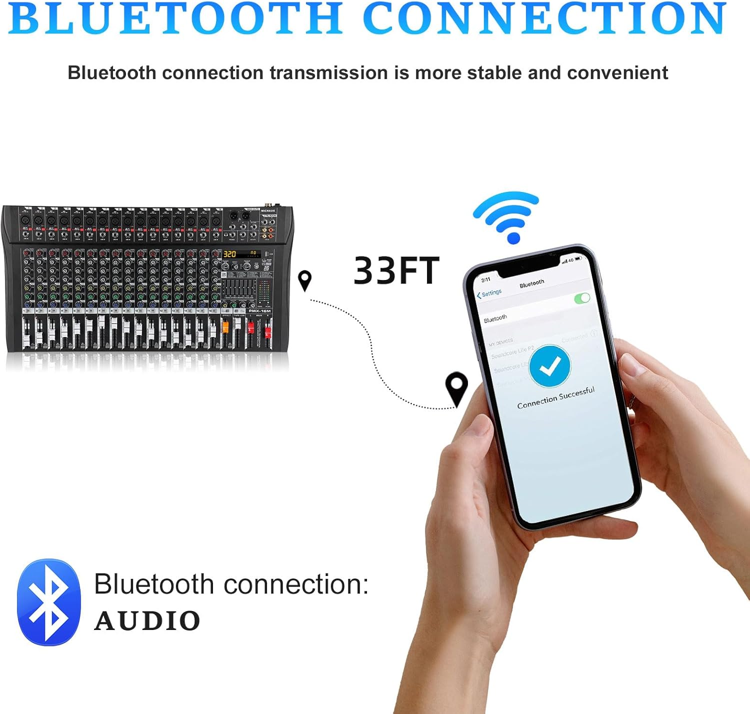 Audio Mixer 16 Channel Professional Mixer Console with 320 DSP Effects, 7-band EQ Sound Mixing Board Digital DJ Mixer w/USB Bluetooth MP3 for Recording, Independent 48V Power & Mute Button