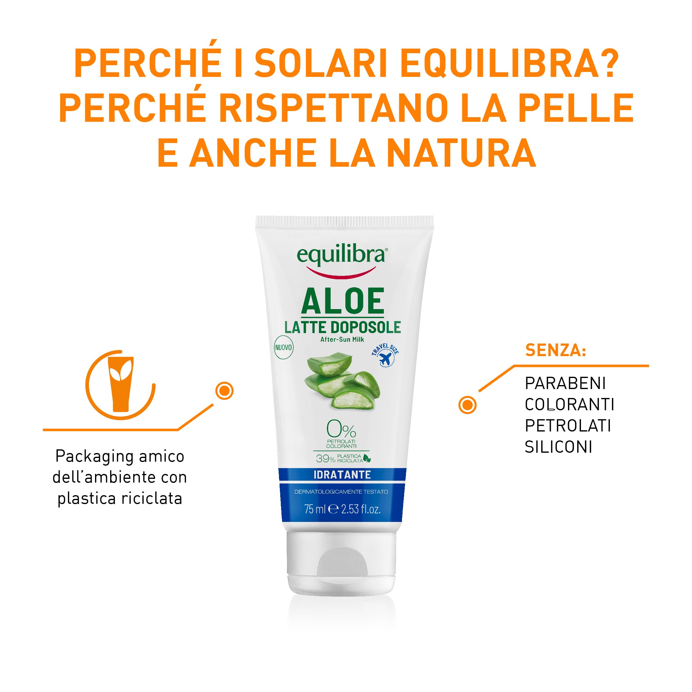 equilibra Solari, Aloe Latte Doposole Idratante Travel Size, a Base di Olio di Carota, Vitamina E, Aloe Vera equilibra (40%), Doposole Idratante che Rinfresca e Riequilibra la Pelle Arrossata, 75 ml