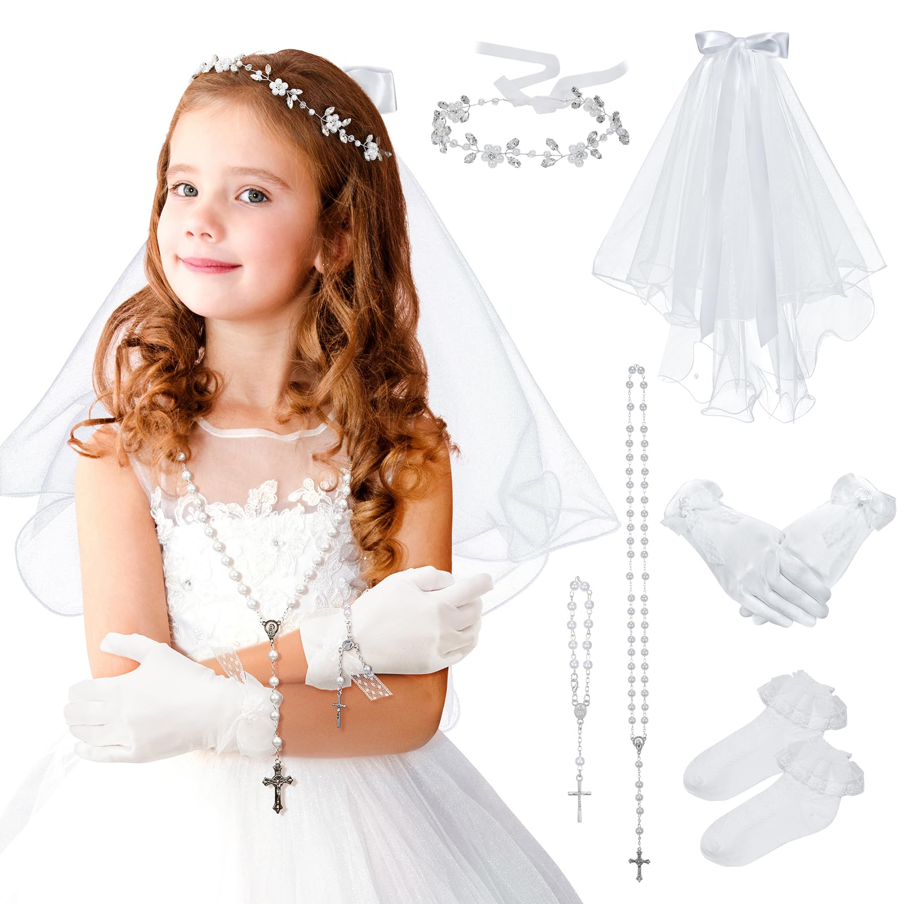 SWEETV 6 Pcs First Communion Veil Set for Girls 1st Communion Bow Veil Headpiece Accessories Set White Lace Veil Flower Crown