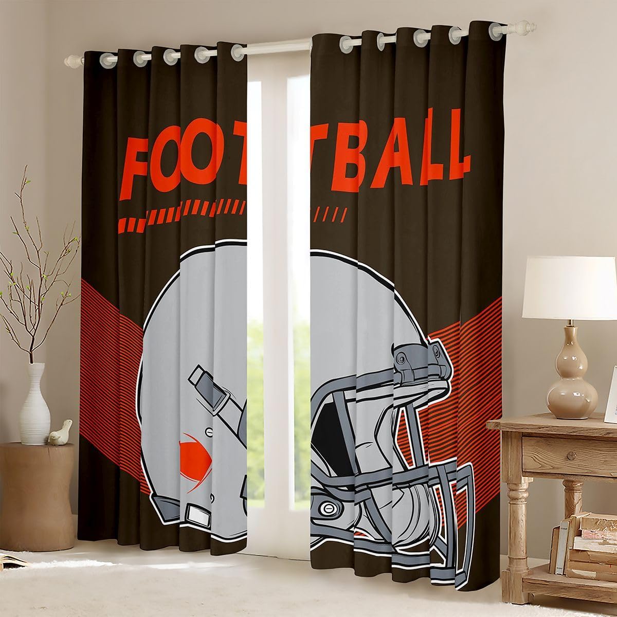 Erosebridal Gridiron Blackout Curtains Football Player Athlete Curtains 52''Wx84''L for Kids Girls Boys Gridiron Helmet Curtains & Drapes Football City Window Curtains, Brown Orange