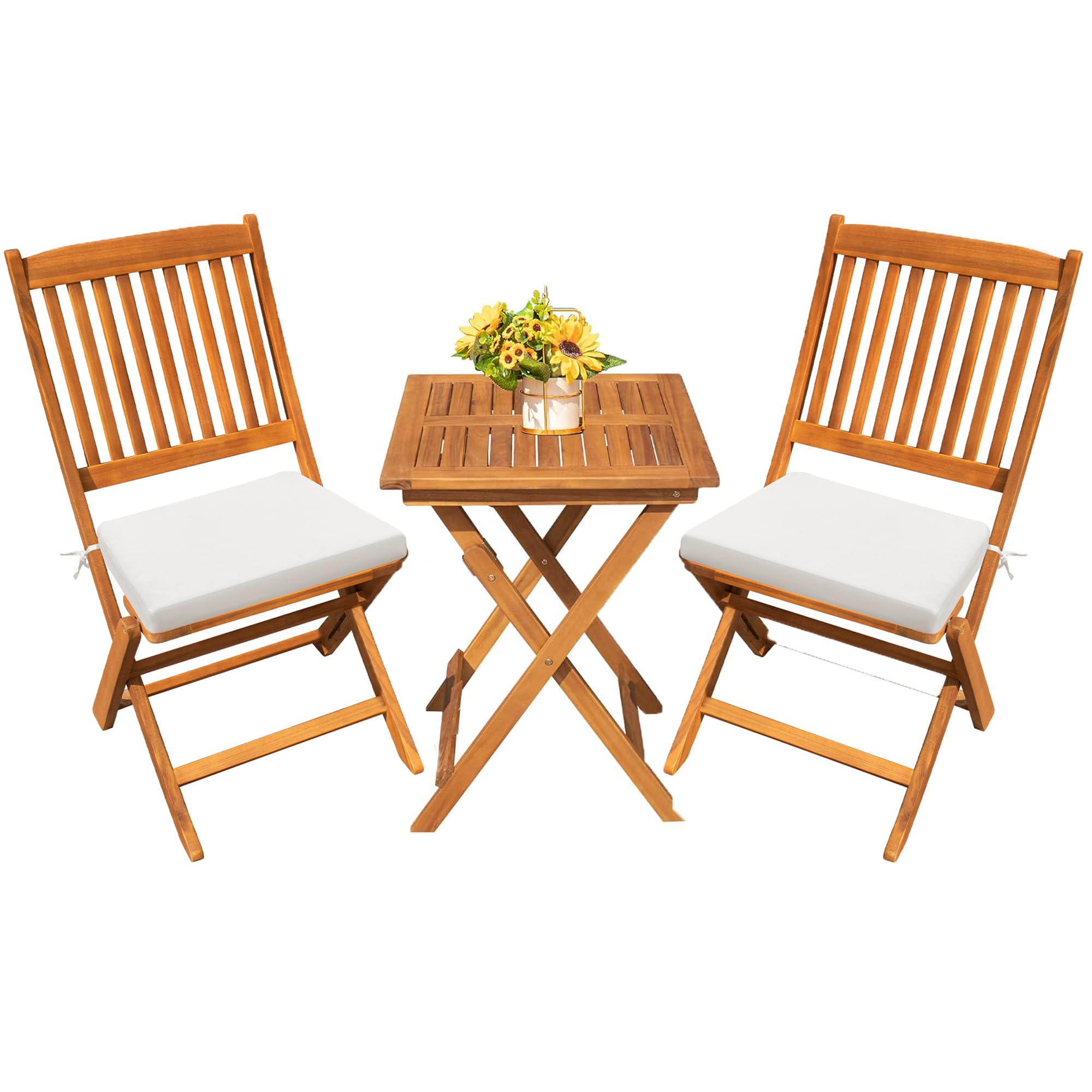 Devoko Outdoor 3 Piece Folding Patio Bistro Set Acacia Wood Bistro Table and Chairs Set of 2