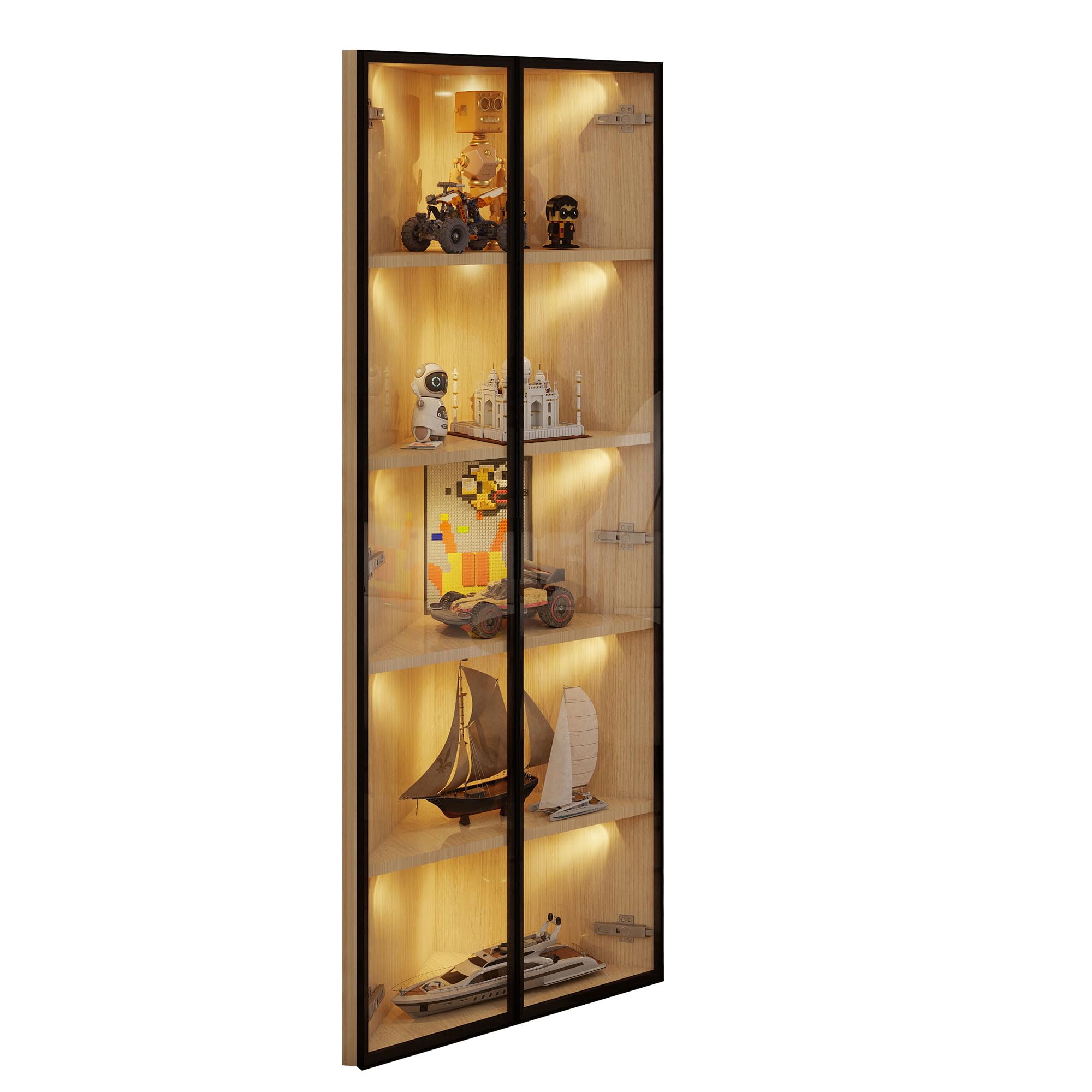 Vitrine de cristal LED 62 x 35 x 160 cm – Roble con luz integrada, libre de polvo, fabricada en cristal templado, vitrina de esquina, elegante vitrina de cristal – Vitrina para libros