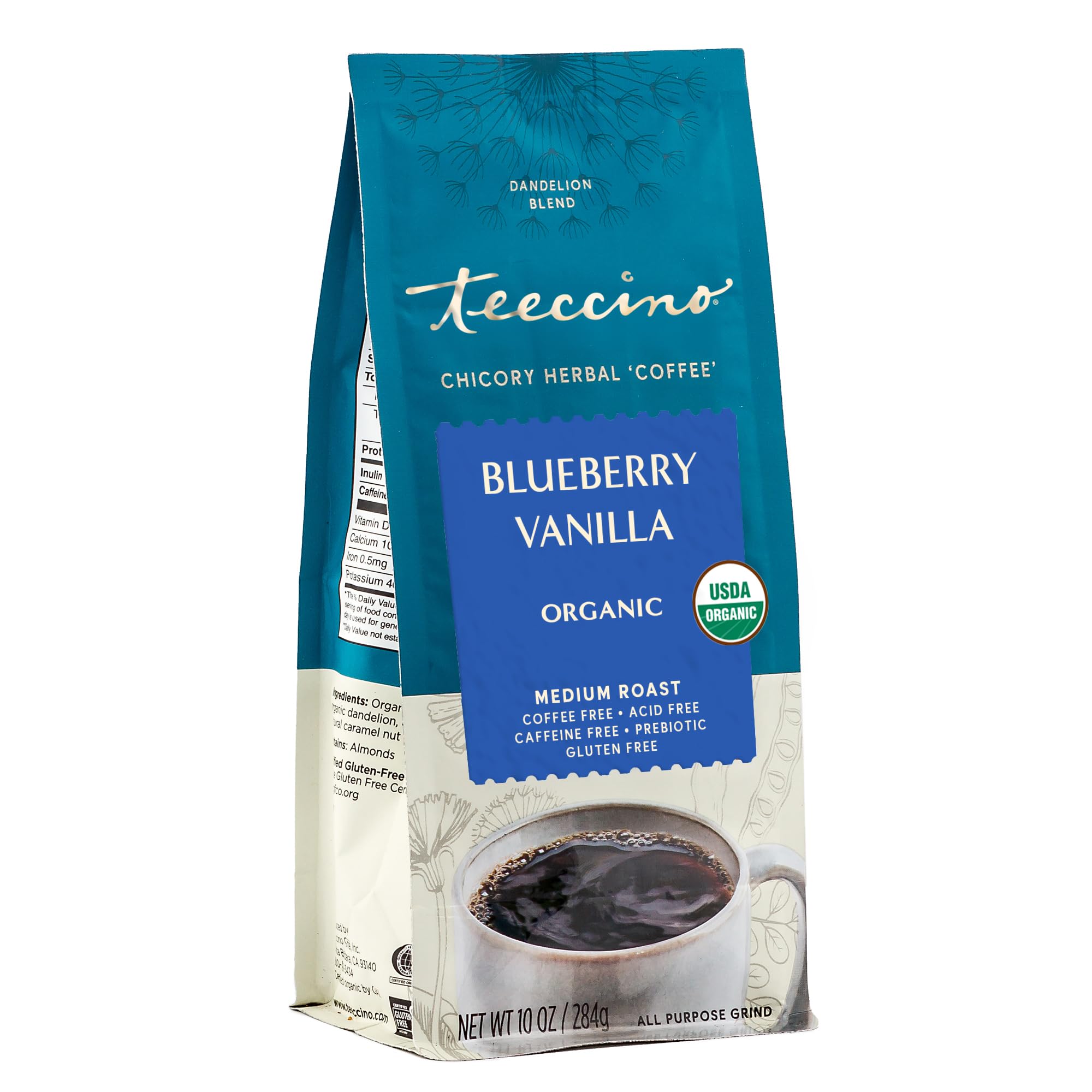 TeeccinoDandelion Blueberry Vanilla Chicory Coffee Alternative - Ground Herbal Coffee That’s Prebiotic, Caffeine Free & Acid Free, Medium Roast, 10 OunceUSDA Organic