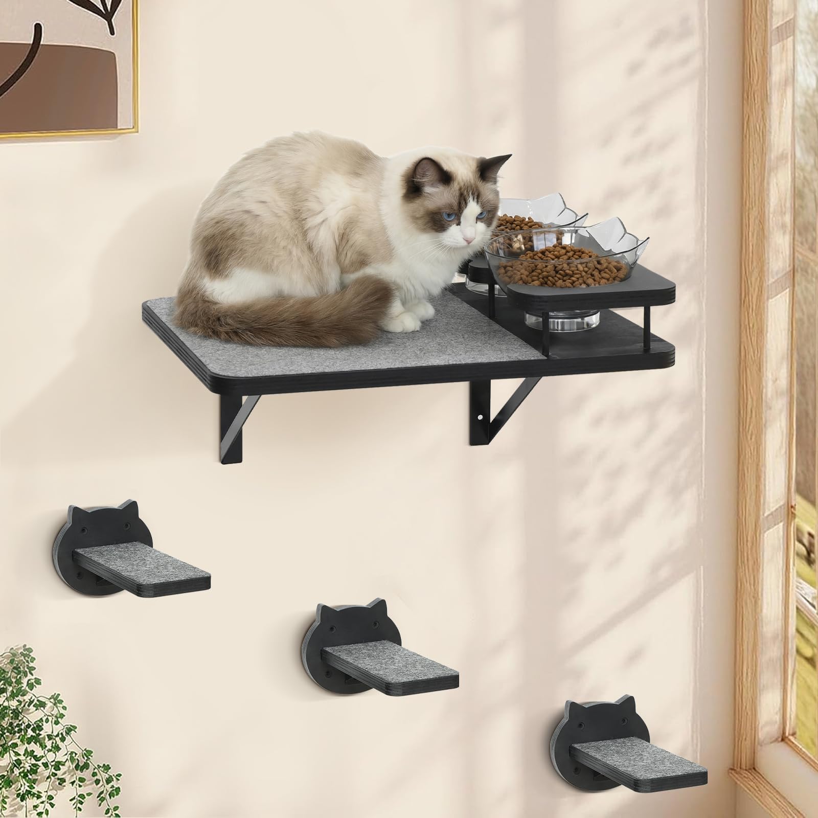 Katzen-Wandregale, Möbel-Set mit 2 Futternäpfen, Kletterwandsysteme aus Holz mit Kratzunterlage und 3 Stufen, schwebende Regale, Bettsitzstangen, Wandmontage für den Innenbereich, passend bis zu 6,8