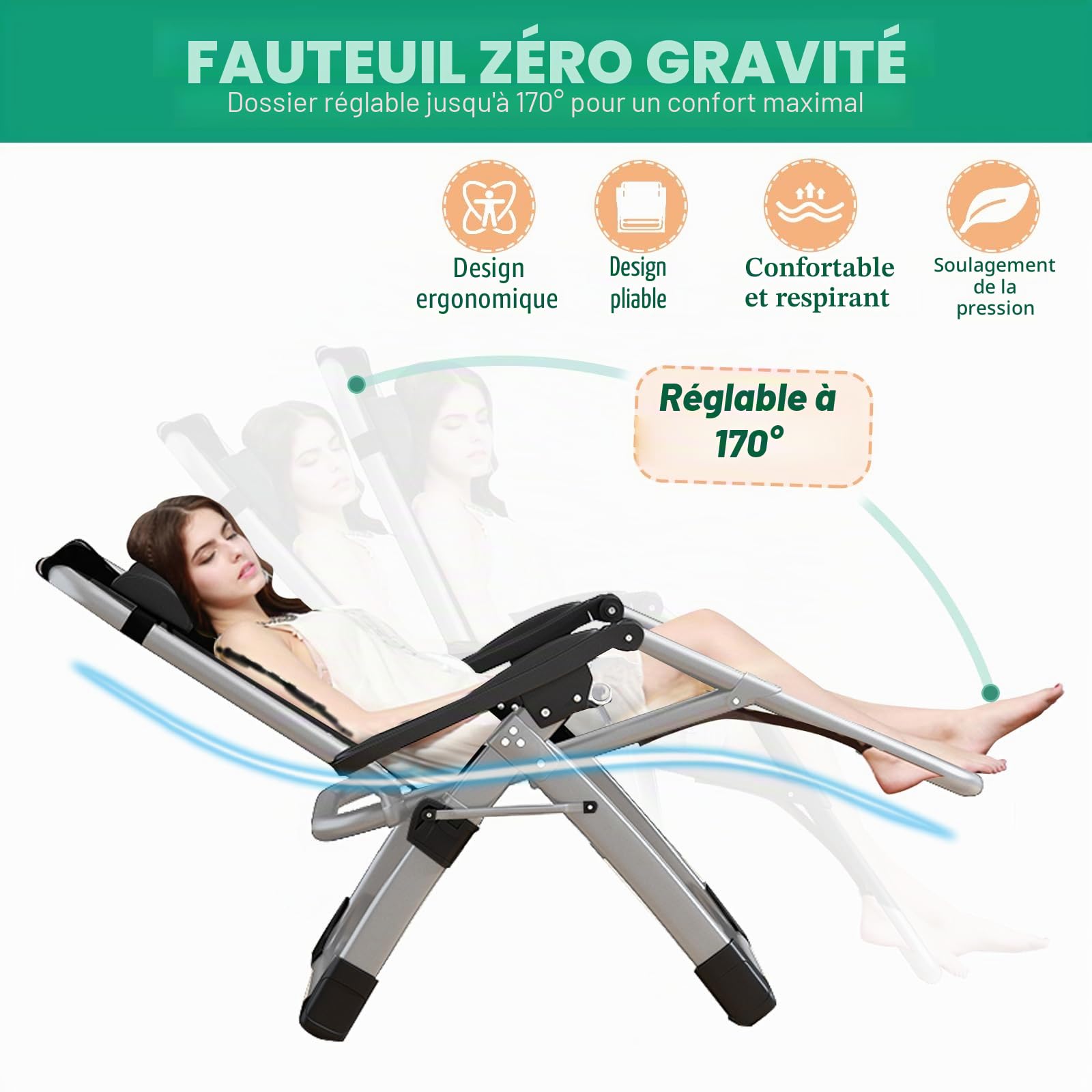 SUNYRISY Chaise sans gravité pour jardin, chaise de jardin robuste réglable avec coussin, appui-tête et poche, 200 kg de support, chaise longue pliante pour jardin et pelouse, pour intérieur/extérieur