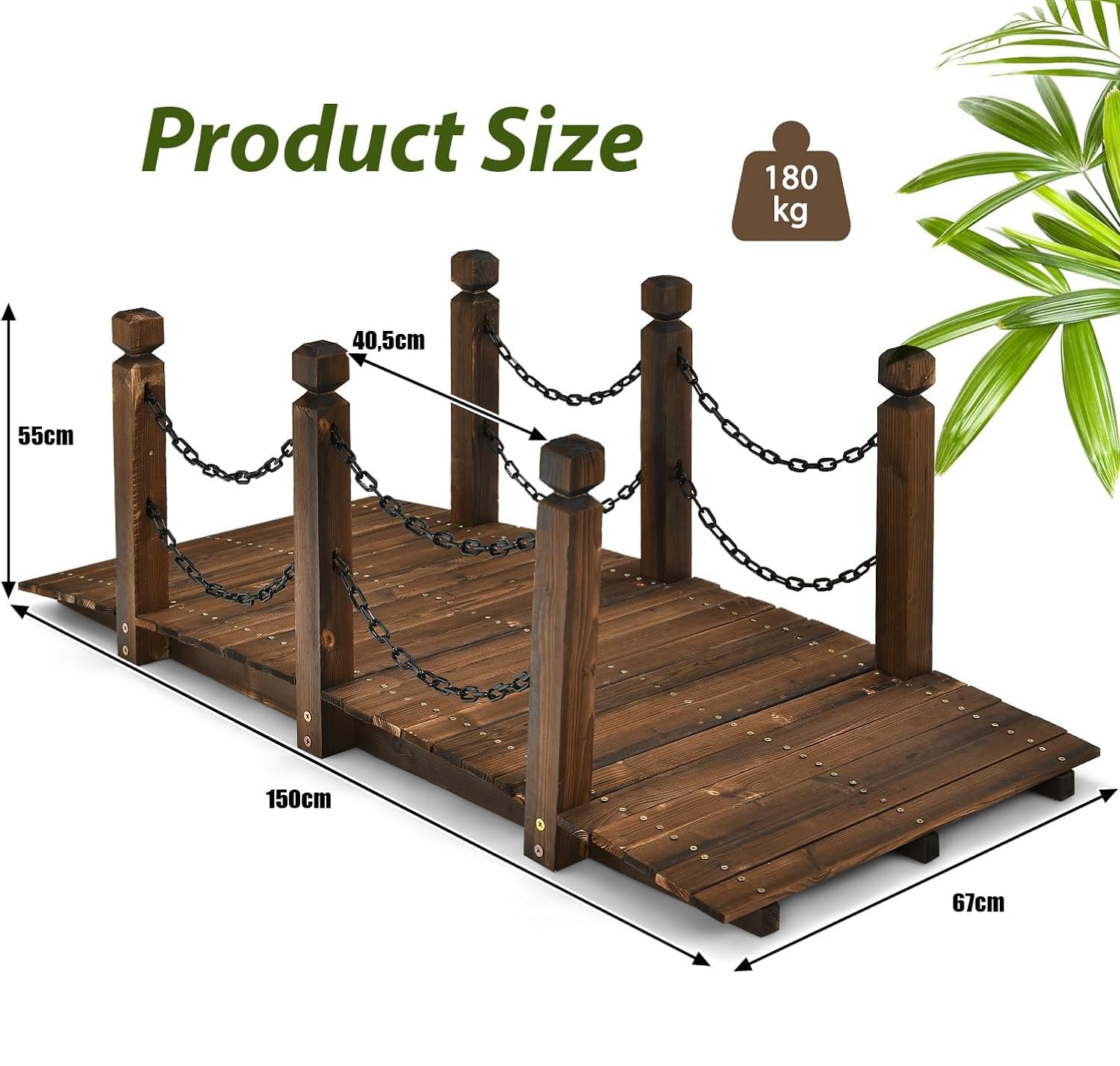 SOARS Holzbrücke mit Geländer & Ketten, Gartenbrücke aus Fichtenholz, stabile Teichbrücke bis 180 kg belastbar, 150 x 67 x 55 cm, Zierbrücke begehbar, Dekobrücke für Garten, Teich & Bach