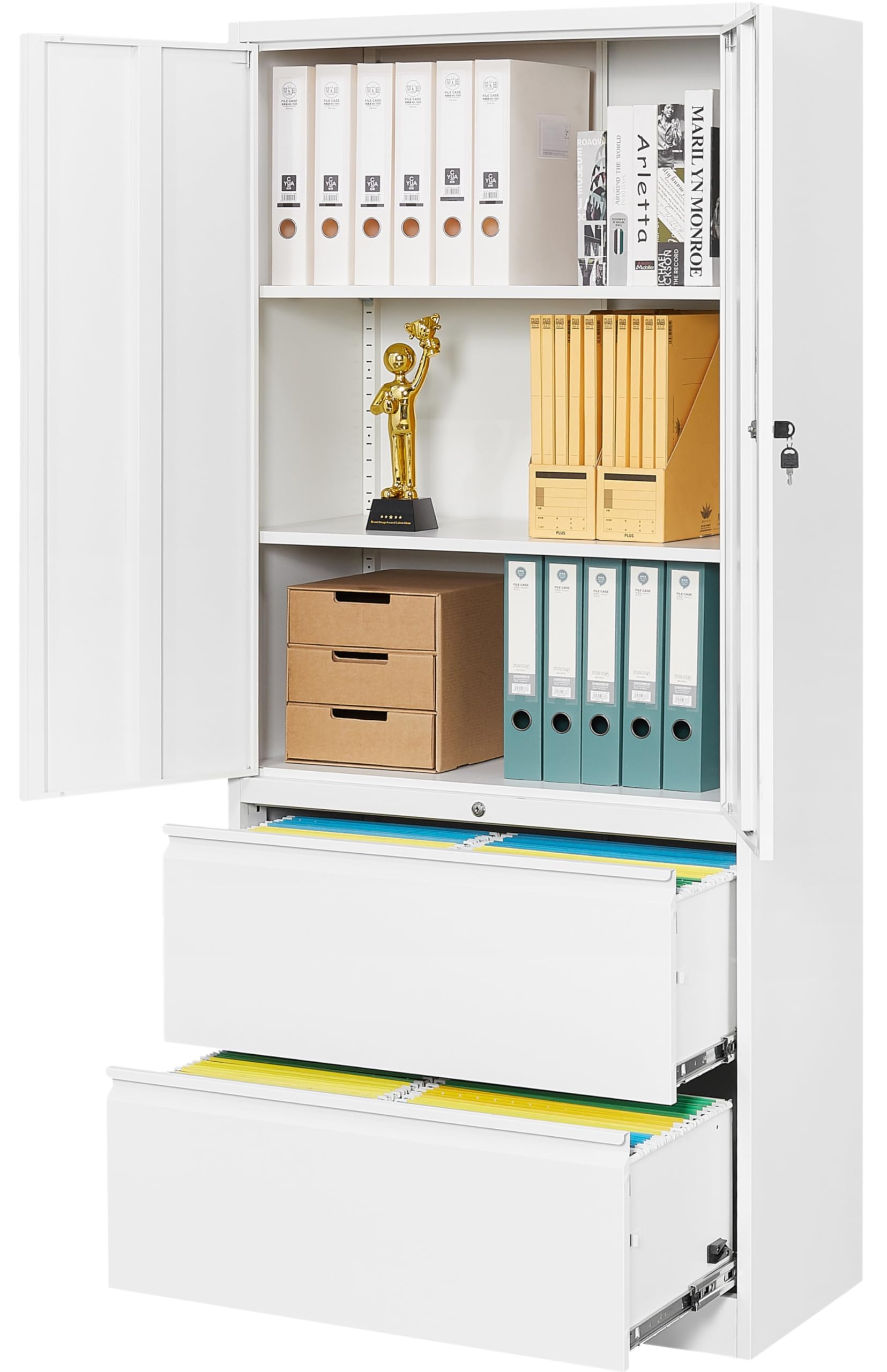 SISESOL Storage Cabinet Metal Display Cabinet with Glass Doors, 71in H x 31.5in W x 15.7in D, White, Kitchen Pantry Cabinet for Home Office, Bathroom,