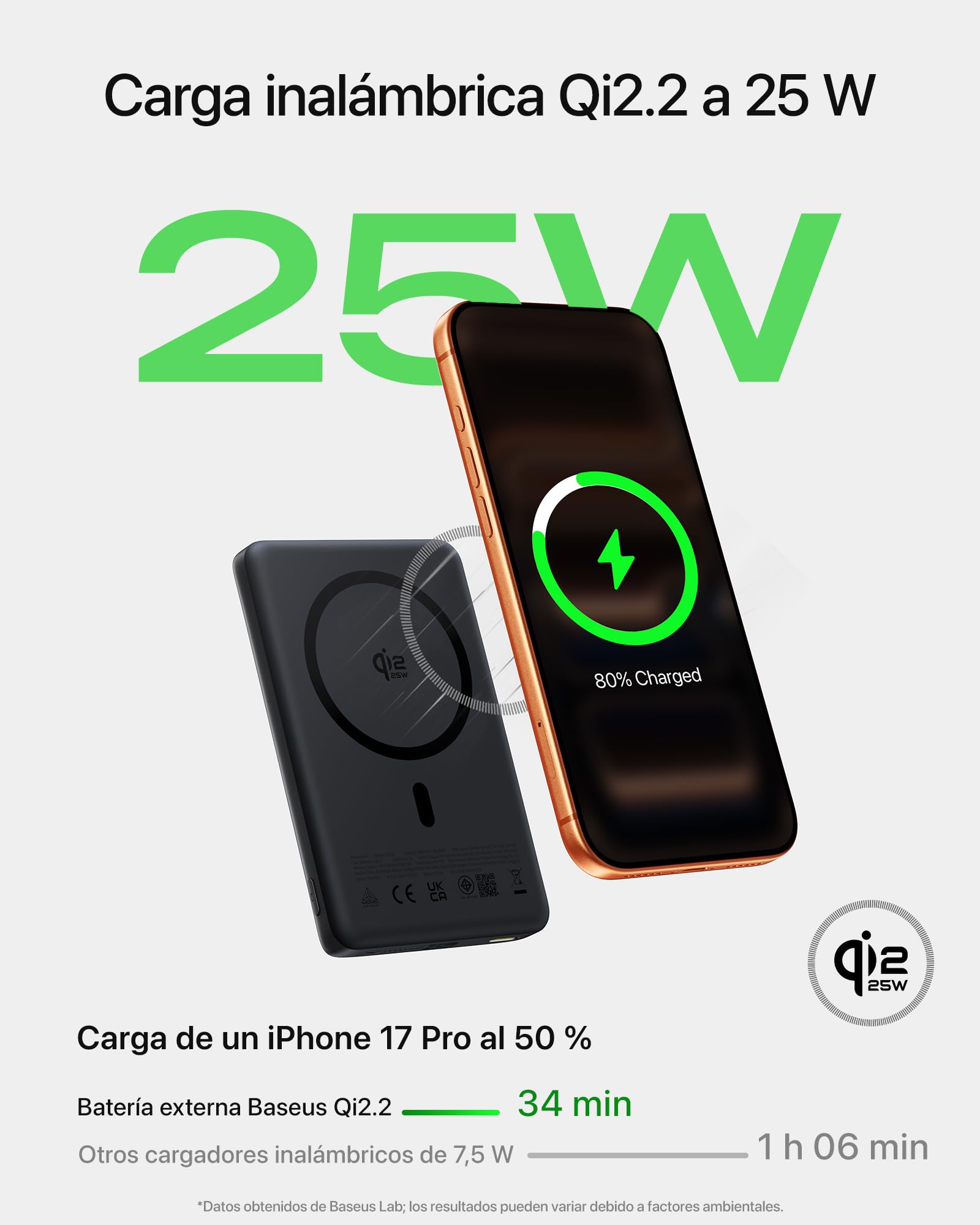 Baseus PicoGo AM52 MagSafe Powerbank, Qi2.2 Magsafe de 10 000 mAh, Carga Inalámbrica Ultrarrápida de 25 W, Carga Rápida PD de 45 W, Batería Externa Magnética Slim para iPhone 17/16 Pro MAX, Negra