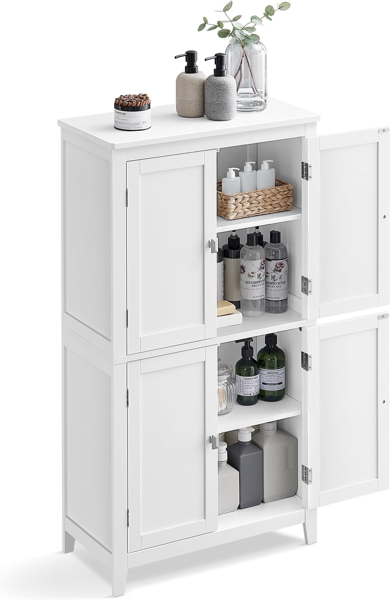 VASAGLE Floor Storage Cabinet, Freestanding Storage Unit with 4 Doors, Adjustable Shelves, 11.8 x 23.6 x 43.3 Inches, for Entryway, Bathroom, White UBBC552P31