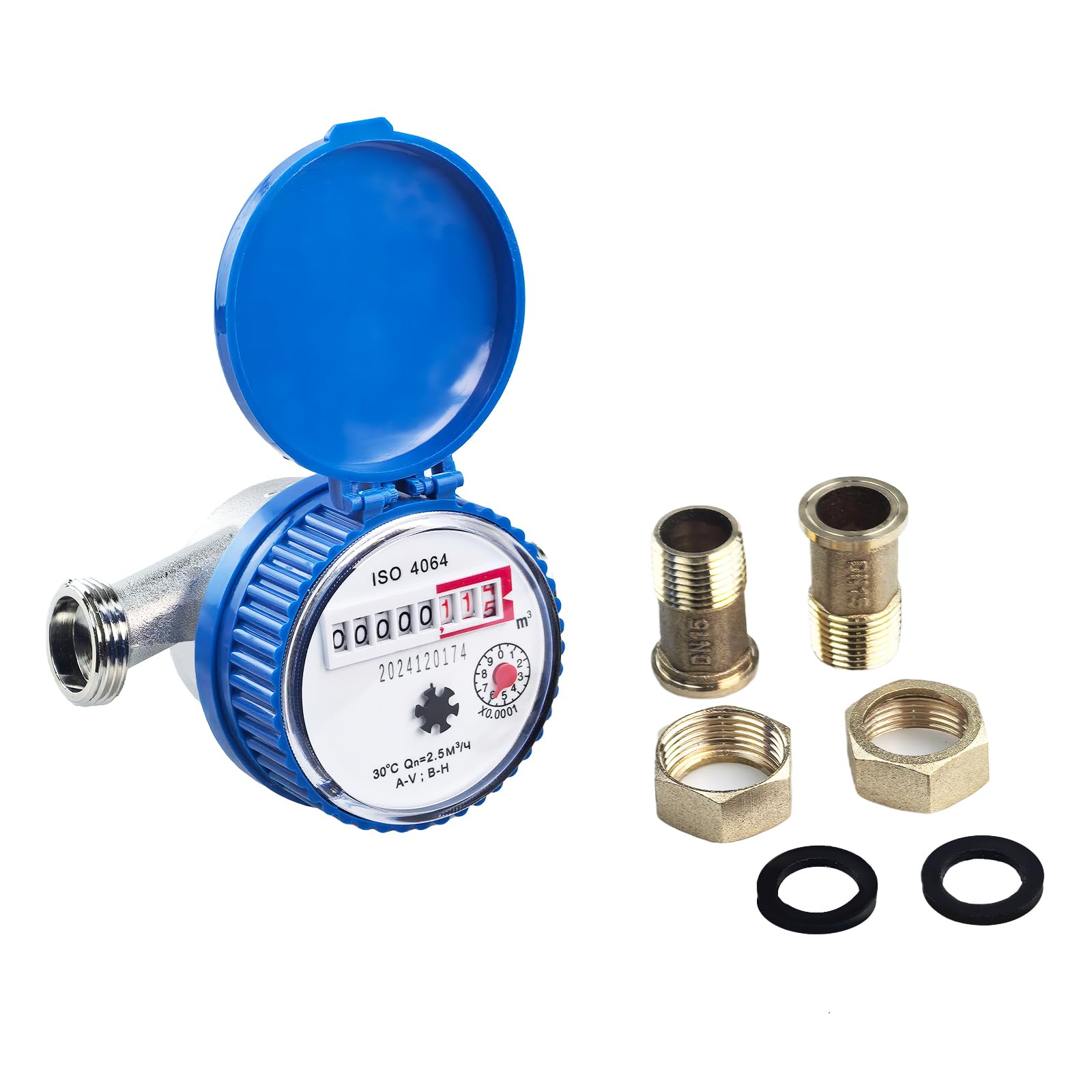 Medidor de Agua para jardín de 1/2 Pulgada, 15 mm, medidor de Agua fría calibrado con Cubierta Protectora y Accesorios, para Uso doméstico y en jardín con Puntero y Pantalla Digital