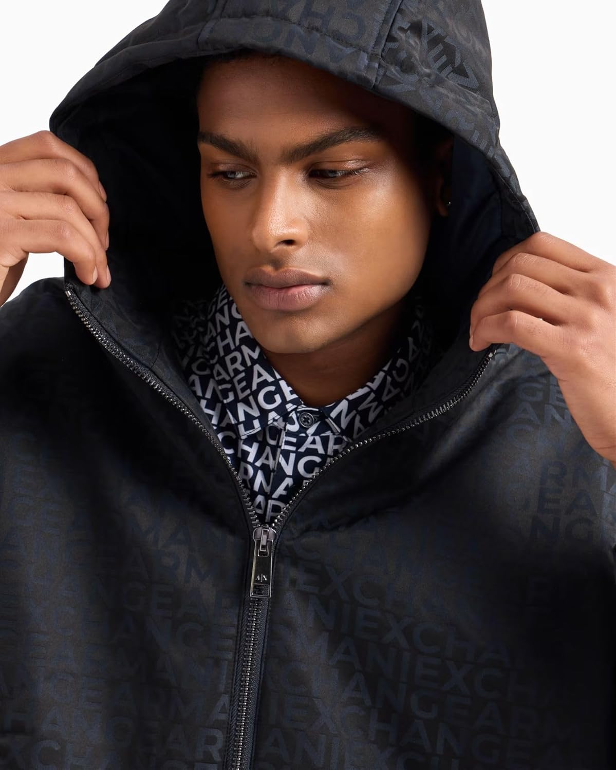 Armani Exchange mens Zip Up Hooded All Over Logo Windbreaker - Image 5