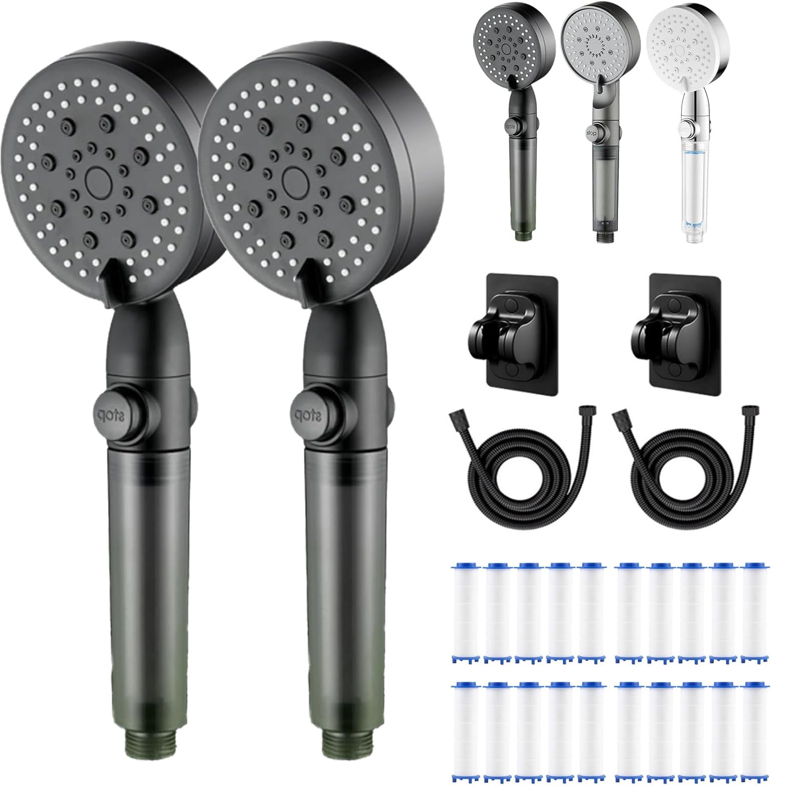 HydroBoost High Pressure 5 - Mode Filtered Shower Head, Universal G1/2” Connector, Filtered Shower Head with Handheld, Built-in Power Wash for Hard Water, Tool-Free Installation (Black *2)