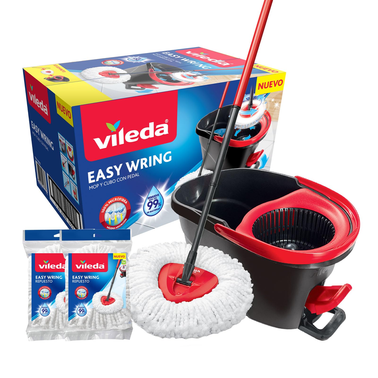 Vileda Easy Wring Trapeador Microfibra y Cubeta con Pedal + 2 Repuestos