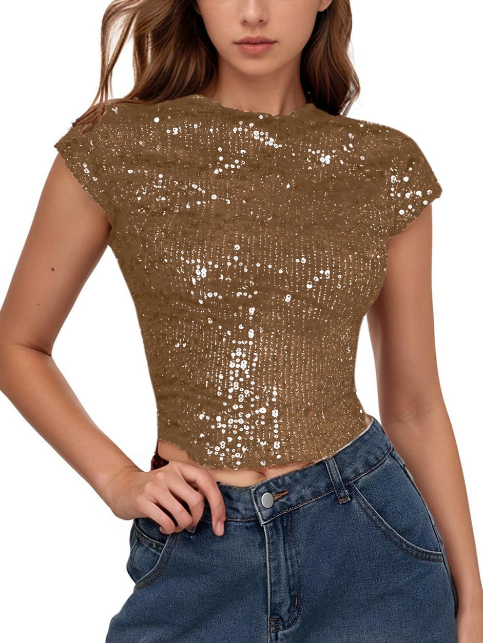 WDIRARA Women's Sequin Boat Neck Shirts Sparkle Glitter Backless Tee Cap Sleeve Crop Tops