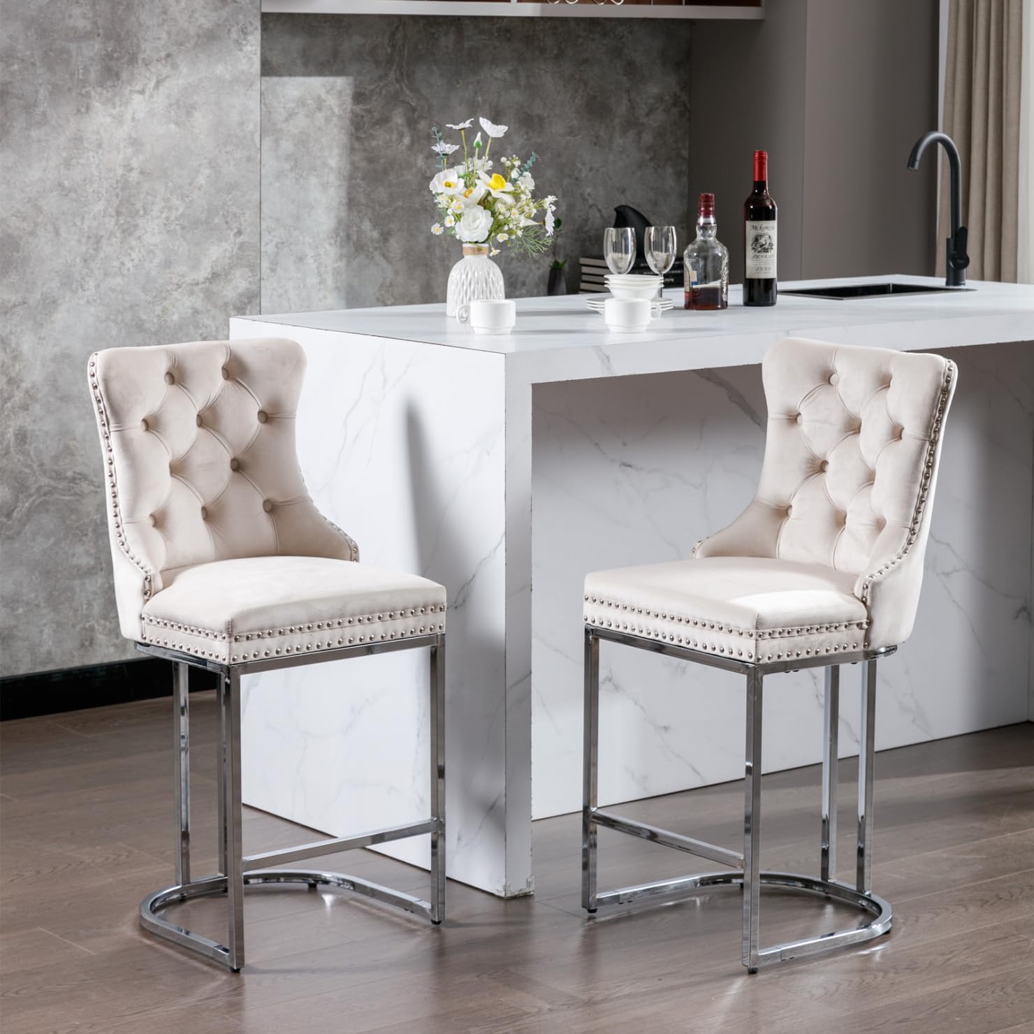 TRIPLE TREE Bar Stools Set of 2, Counter Height Barstools with Chrome Metal Base, Modern Velvet Barstools with Button Back & Rivet Trim, Upholstered Chairs for Kitchen Island, Dining Room, Beige