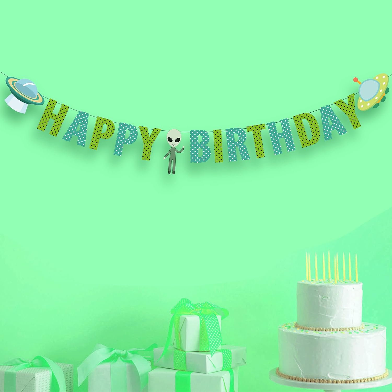 Alien Birthday Party Decoration Kit Alien Happy Birthday Banner & Cupcake Toppers Funny Hilarious Phrases UFO Alien Theme Party Decorations for Kids Adults Birthday Baby Shower Corporate