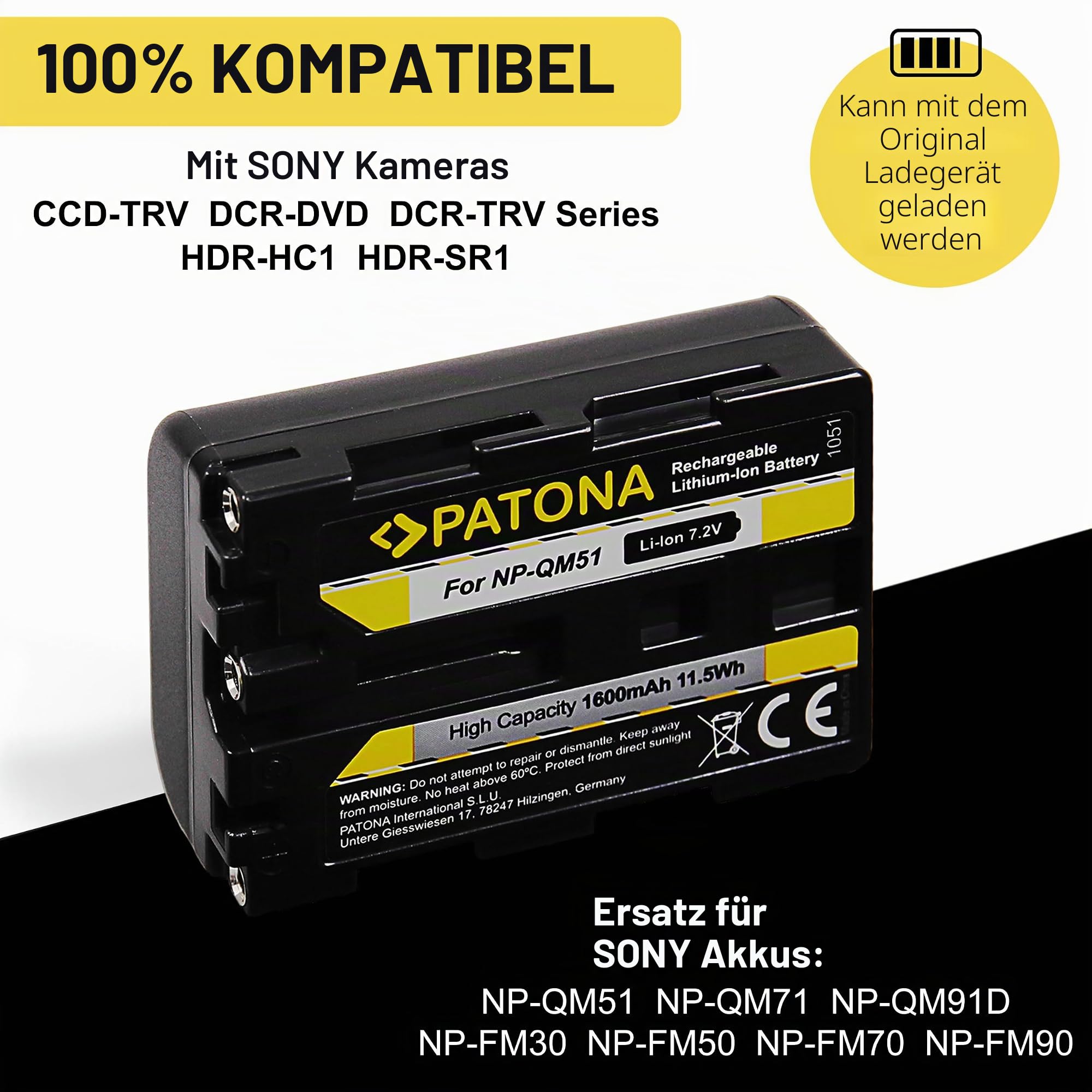 PATONA NP-FM50 Akku 1600mAh – Ersatz für Sony NP-FM30, NP-FM50, NP-QM51 – für Camcorder CCD-TRV, DCR-TRV, DCR-DVD, DCR-HC und MVC-CD Serien – hält bewährte Sony-Camcorder am Leben