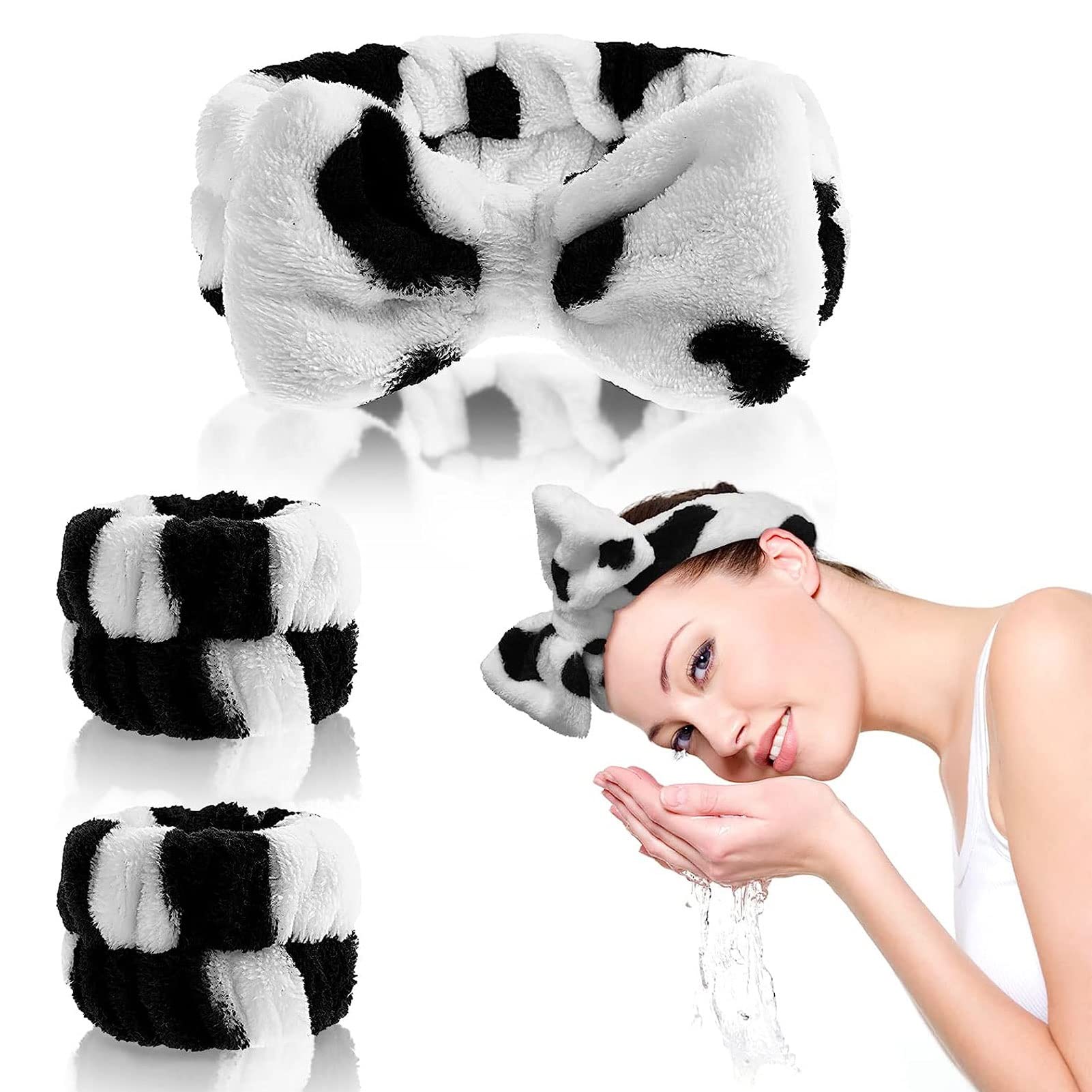 XAMIO 6 Pezzi Set di Braccialetti E Fasce per Capelli con Fiocco, Fascia per Capelli con Peluche Asciugamani da Polso in Microfibra per Lavare Il Viso, Curare Il Trucco delle Donne E