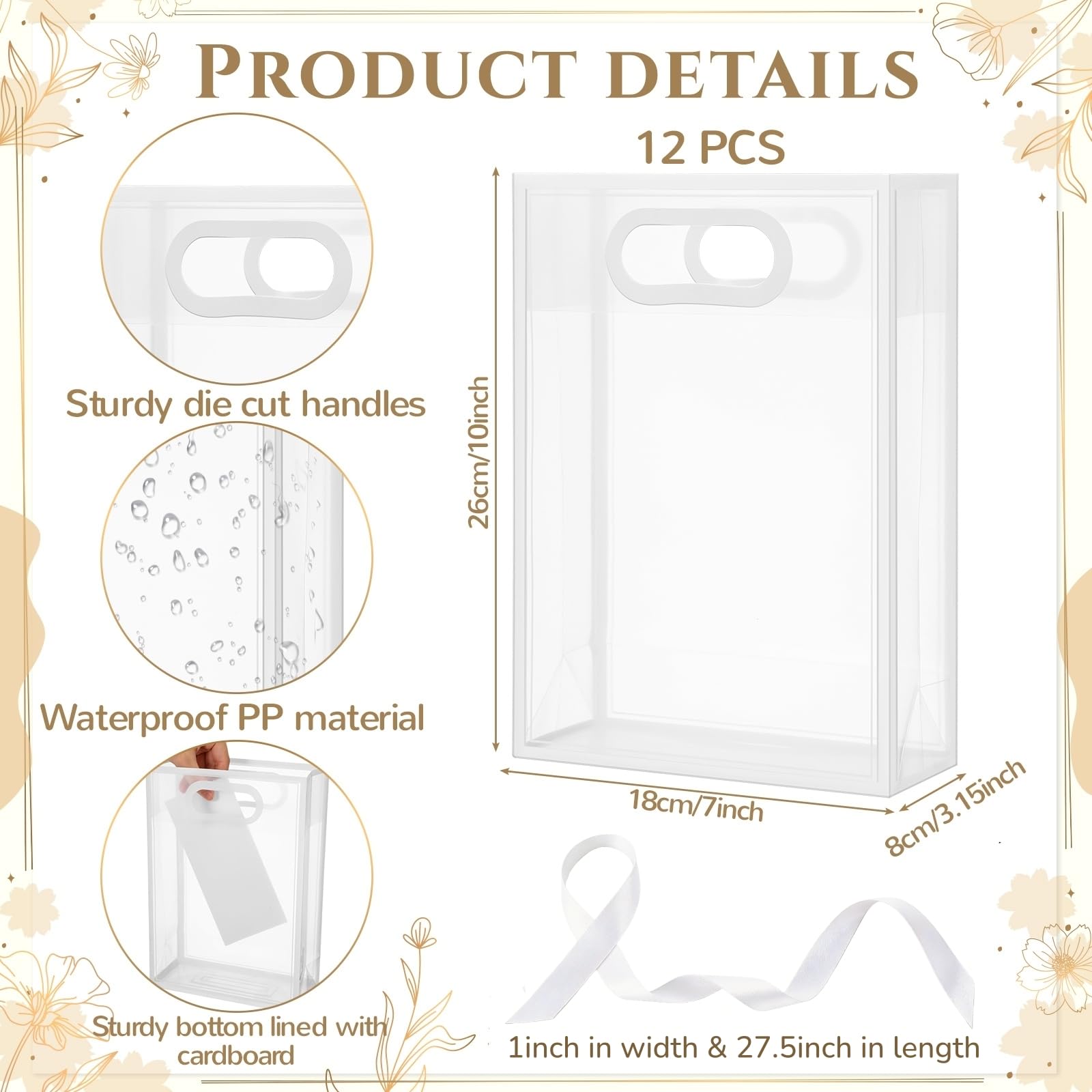 Aliceset Clear Plastic Gift Bag with Die Cut Handle Reusable PP Favor Bag with Ribbon for Graduation Wedding Bridal Birthday Baby Shower Party Small Business,10x7x3.15in(White,12 Pcs)