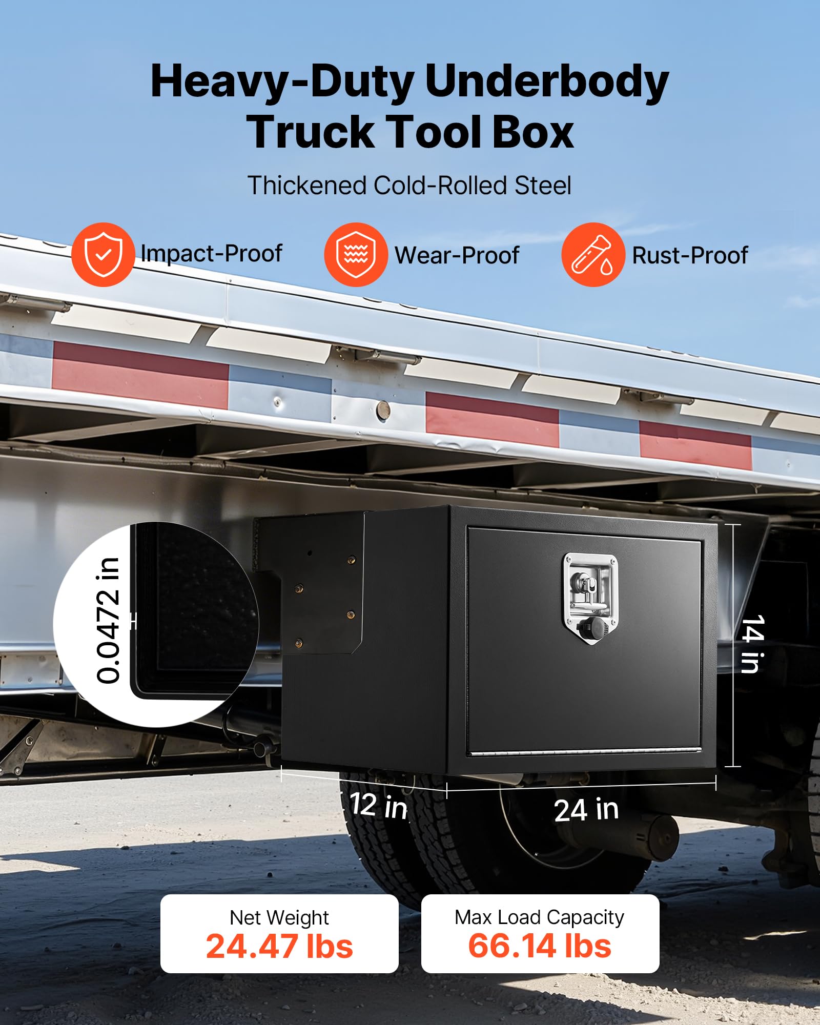 VEVOR Caja de Almacenaje para Camión 609x305x356 mm, Caja de Herramientas de Acero con Cerradura y Llaves, para Debajo de Carrocería del Camión, con Asa en T para Furgoneta, SUV, Camioneta, Negro