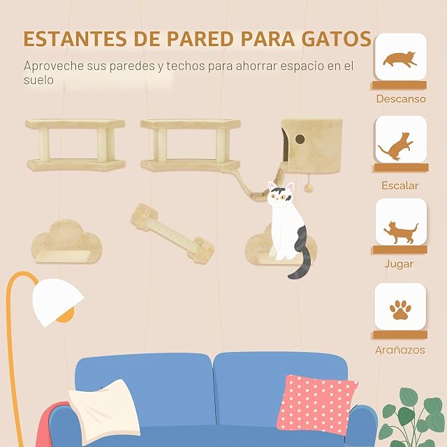 Foto 3 de 8 de PawHut Pared Escalada Gato 5 pz. árbol rascador casa Gato para 5kg Beige