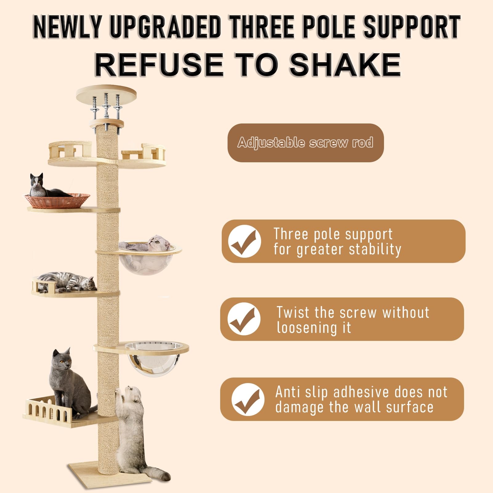 Árbol para gatos, suelo hasta techo, altura ajustable, poste rascador de cáñamo de 6 niveles, árbol de actividad para gatos alto y estable, rascador de gato interior según peso 20-30 kg, 2-3 gatos
