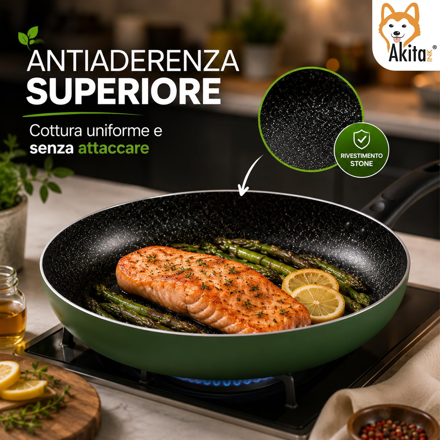 Akitaink Set 3 Padelle Antiaderenti Natura 20, 24 e 28 cm, Batterie di Padelle per Cucina Quotidiana, Resistenti e Pratiche