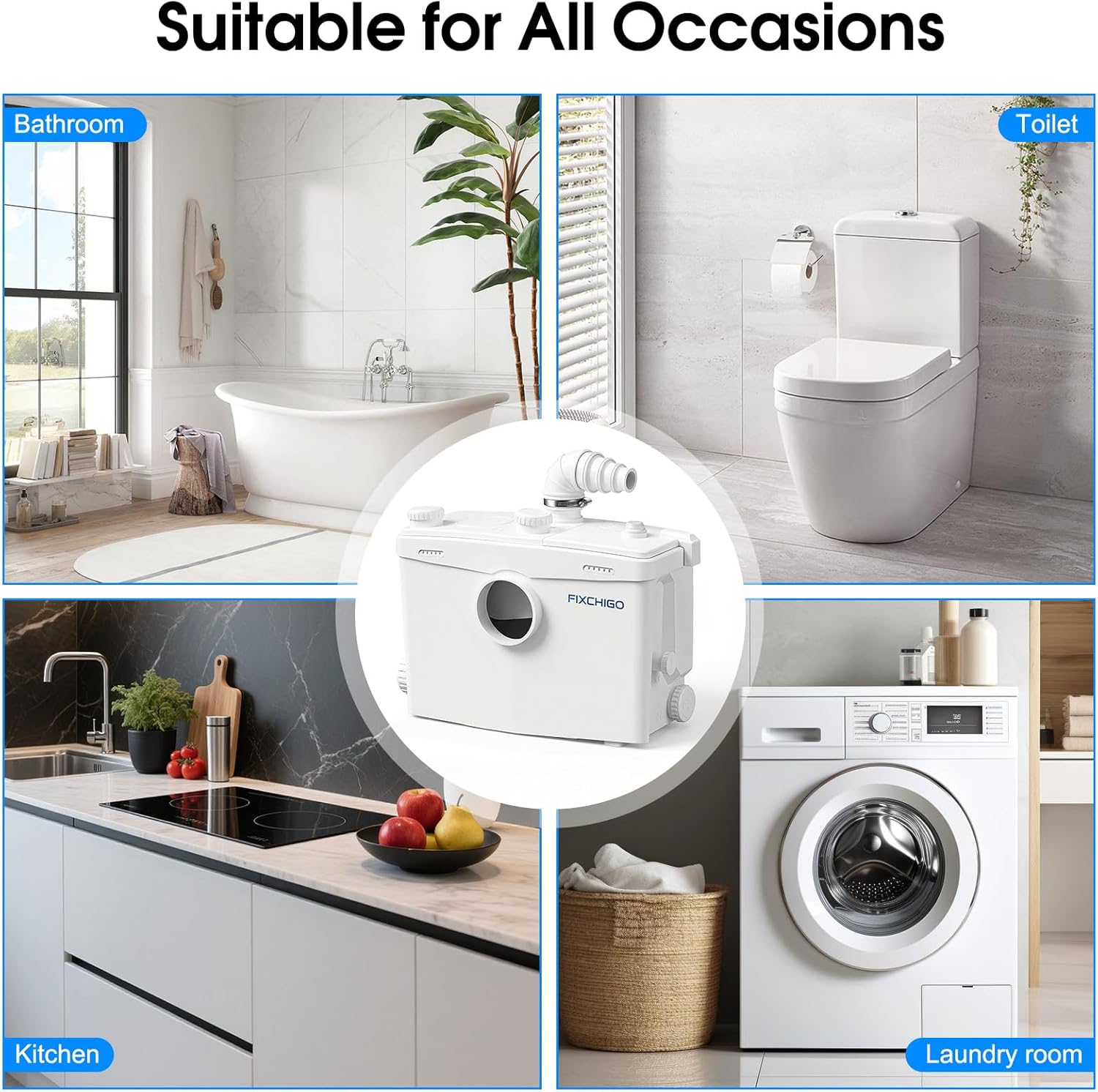 1500W Macerator Pump, Macerating Toilet System with 4 Inlets/2 Outlets, 48 GPM Flow, 42.7 FT Head, PCB Smart Control Sewage Pump for Basement, Sink, Toilet, Laundry, Kitchen